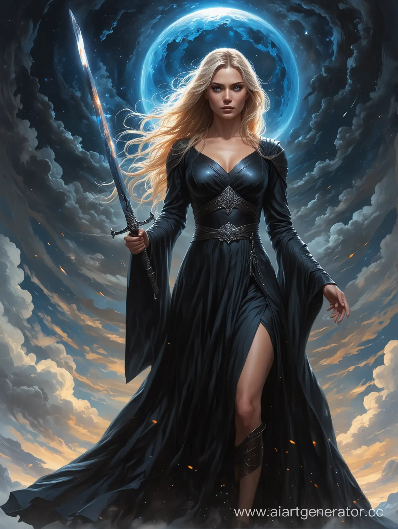 Priestess-Warrior-in-Billowing-Black-Dress-with-Glowing-Eyes-and-Sword-Against-Cosmic-Background