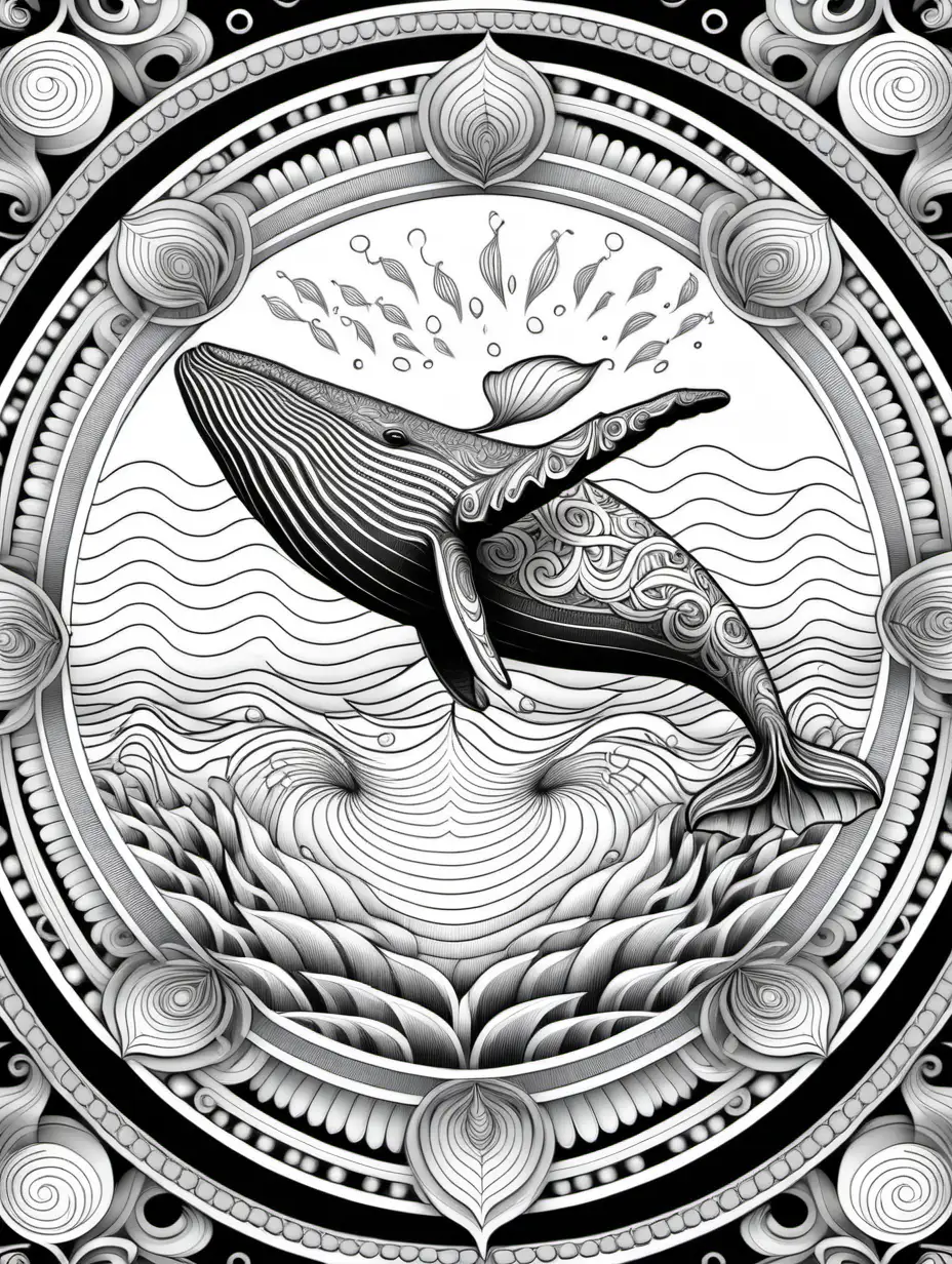 adult coloring book, black and white, best linework, high details, no color. 3D symmetrical mandala with a majestic whale swimming near the surface of the ocean.