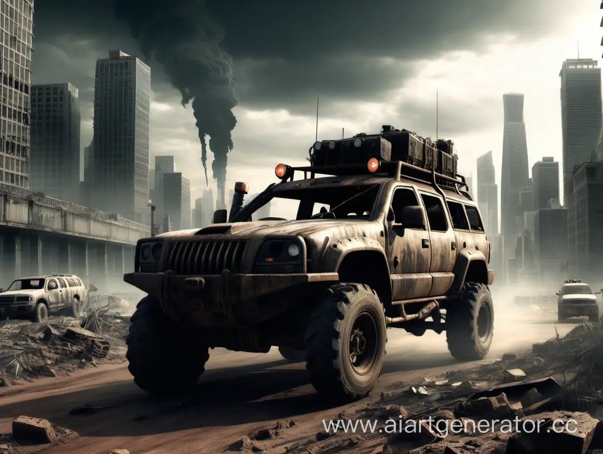 Survivalists-OffRoad-Vehicle-Approaching-PostApocalyptic-City