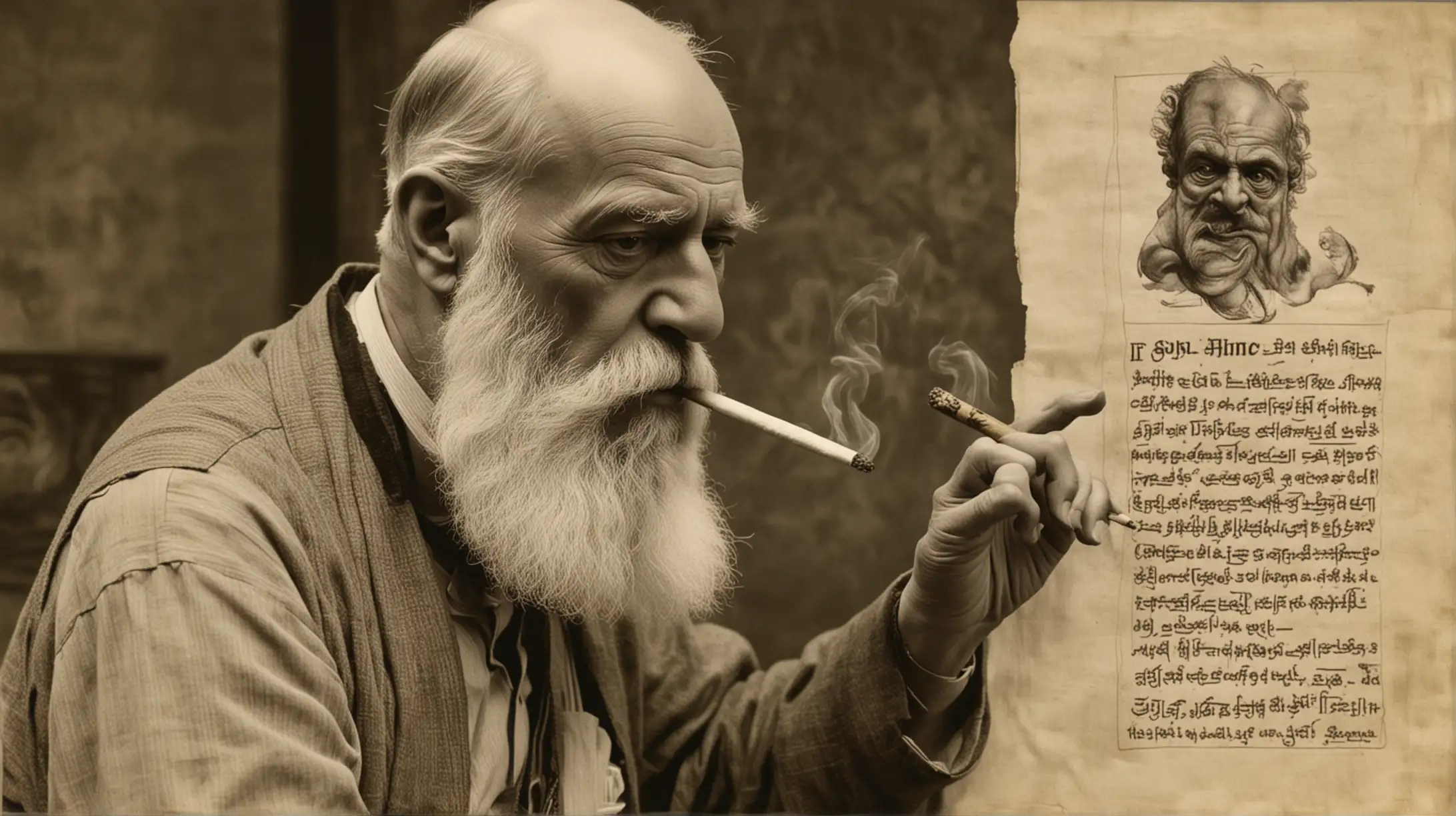 Year 1917. Sigmund Freud  smokes a cigarette and Draw  the blind Oedipus on a piece of paper. Tre blind Oedipus cties. Styled like an old hand-colored silent film.