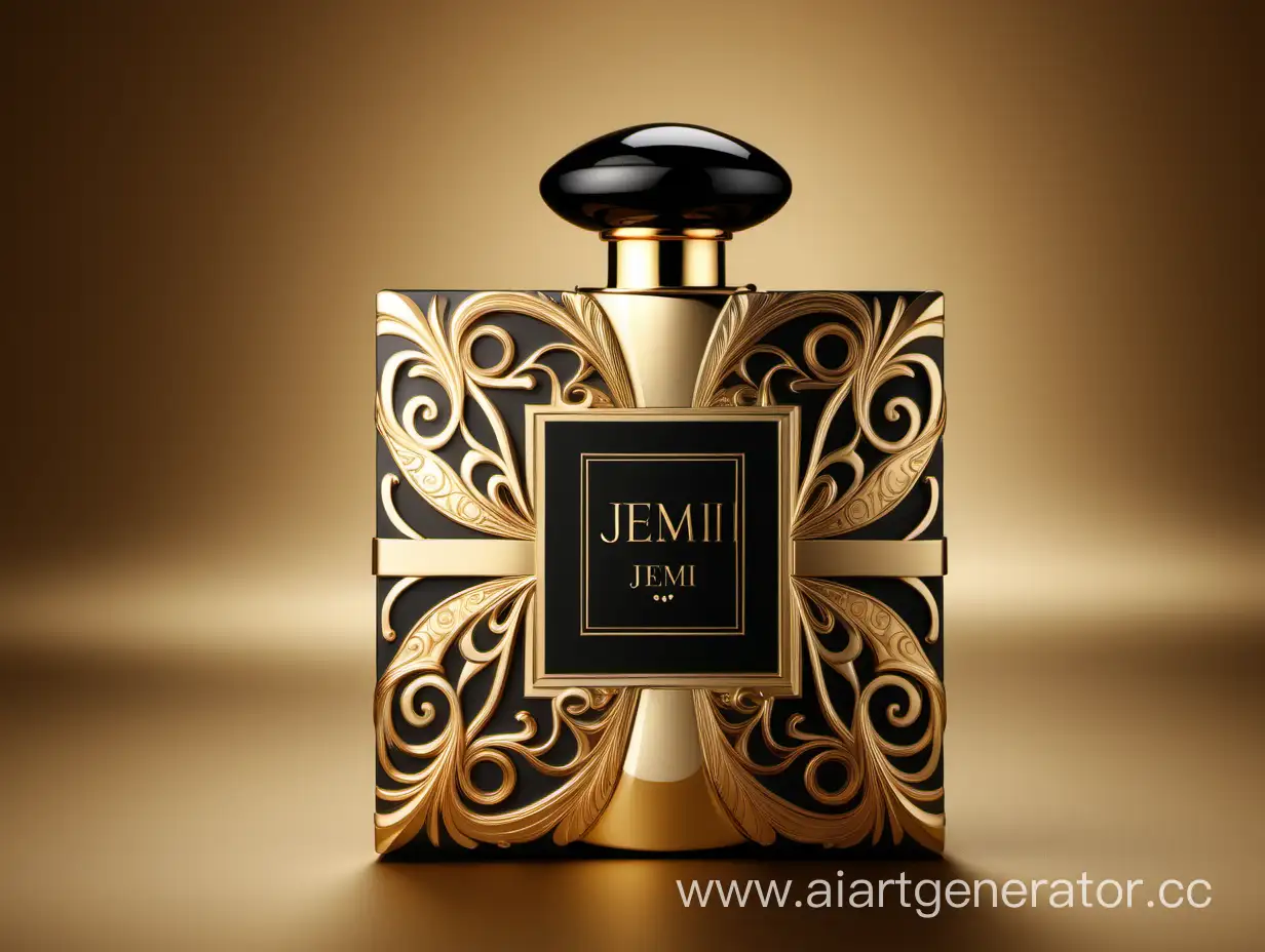 Box package design of perfume Jemi product, elegant, trending on artstation, sharp focus, studio photo, intricate details, highly detailed, gold, Royal black and beige color on gold background