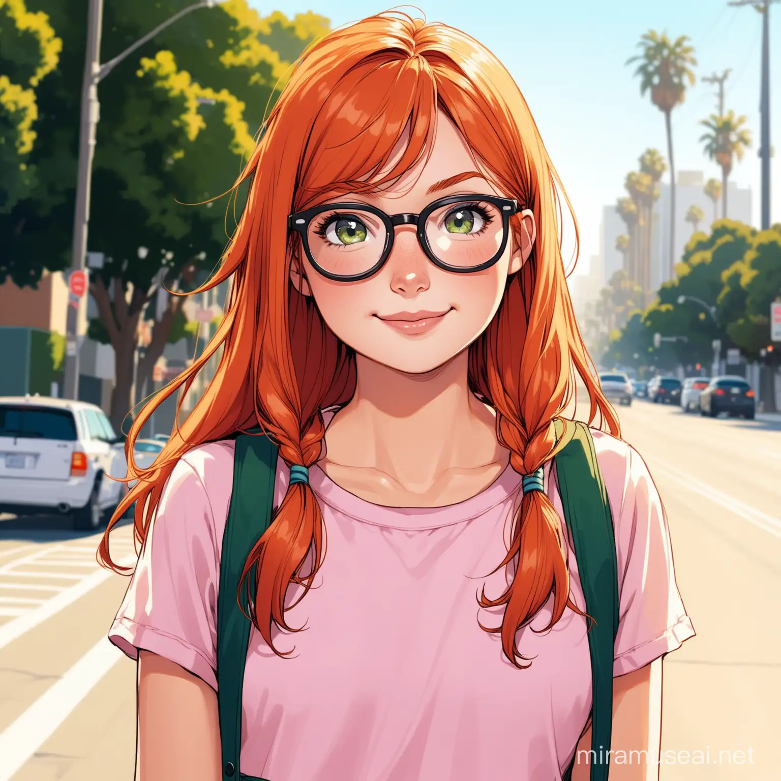 modern day pippi longstocking, hair down, in los angeles, middle aged, cute, black framed glasses
