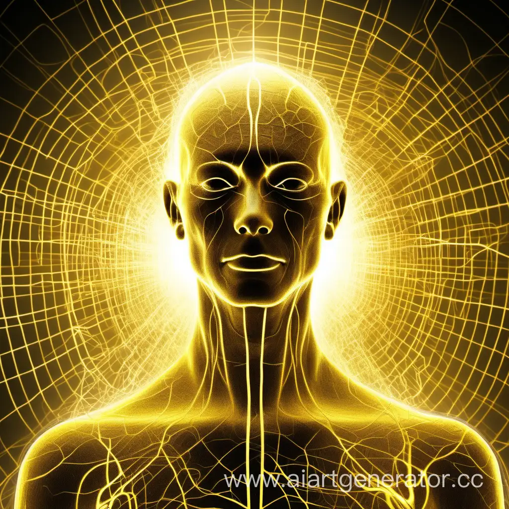 энергетическое поле вокруг человека. Тонкие потоки энергии желтоватого цвета повторяют фигуру человека. Концентрируется в области головы