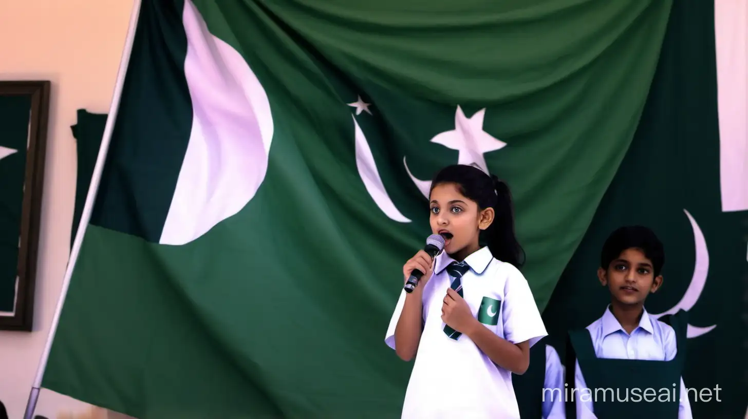  A girl doing speech on mike,wearing school uniform pakistani flag at the back