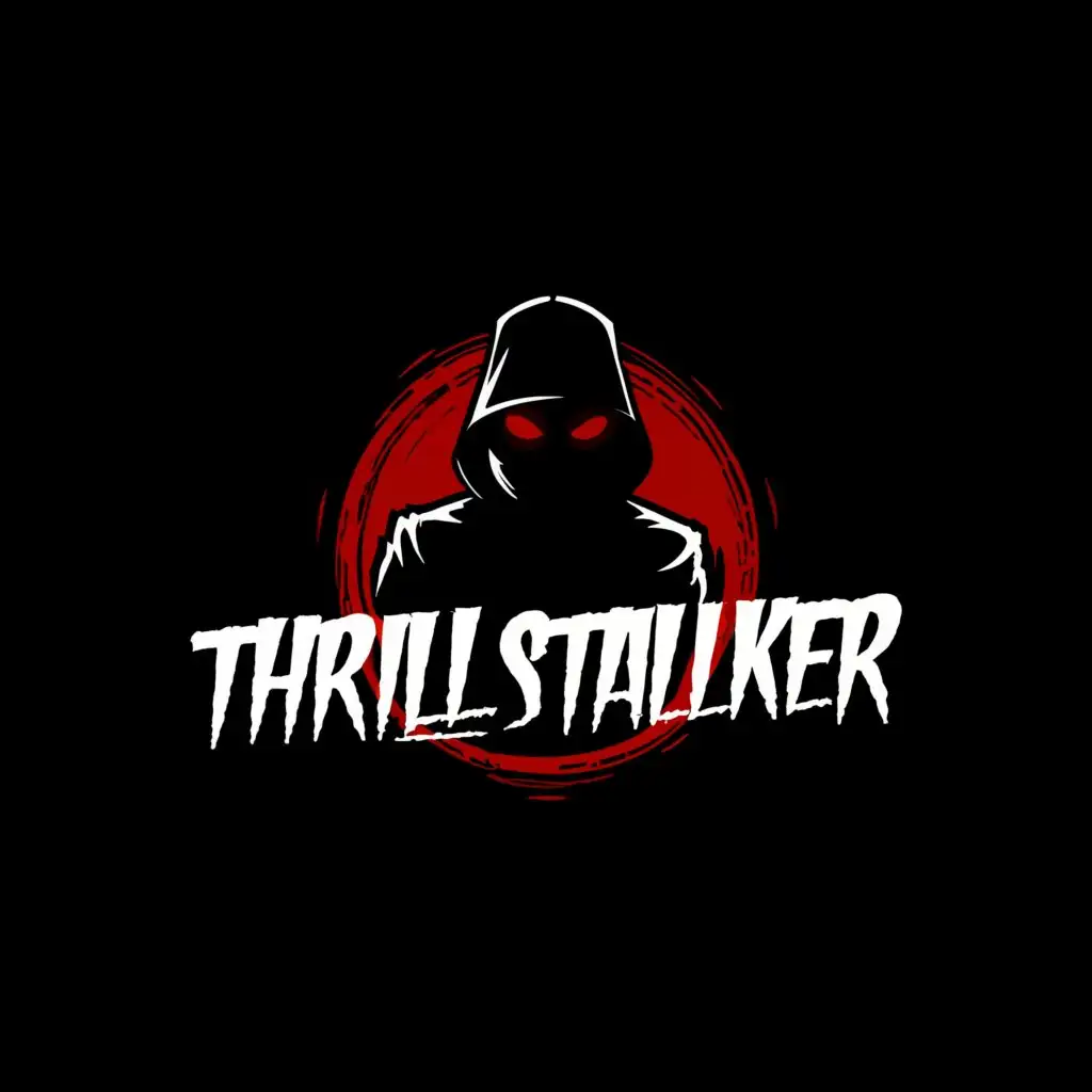 a logo design,with the text "thrill stalker", main symbol:make a youtube banner "thrill stalker" with a black masked entity looking like some spy or an agent next to it and keep the background one color or black and make it spooky,Moderate,clear background