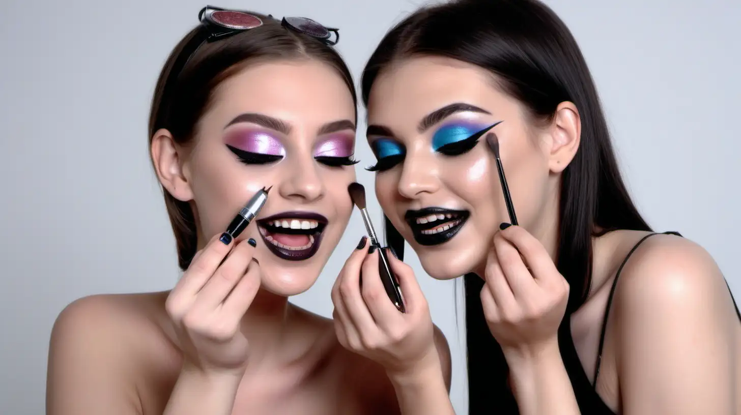 a realistic image, medium close up shot of only 2 girls, both holding eyeshadow and eyeliner in their hands, they putting those to put make up on each other's face. background must be solid white. laughing having fun.
