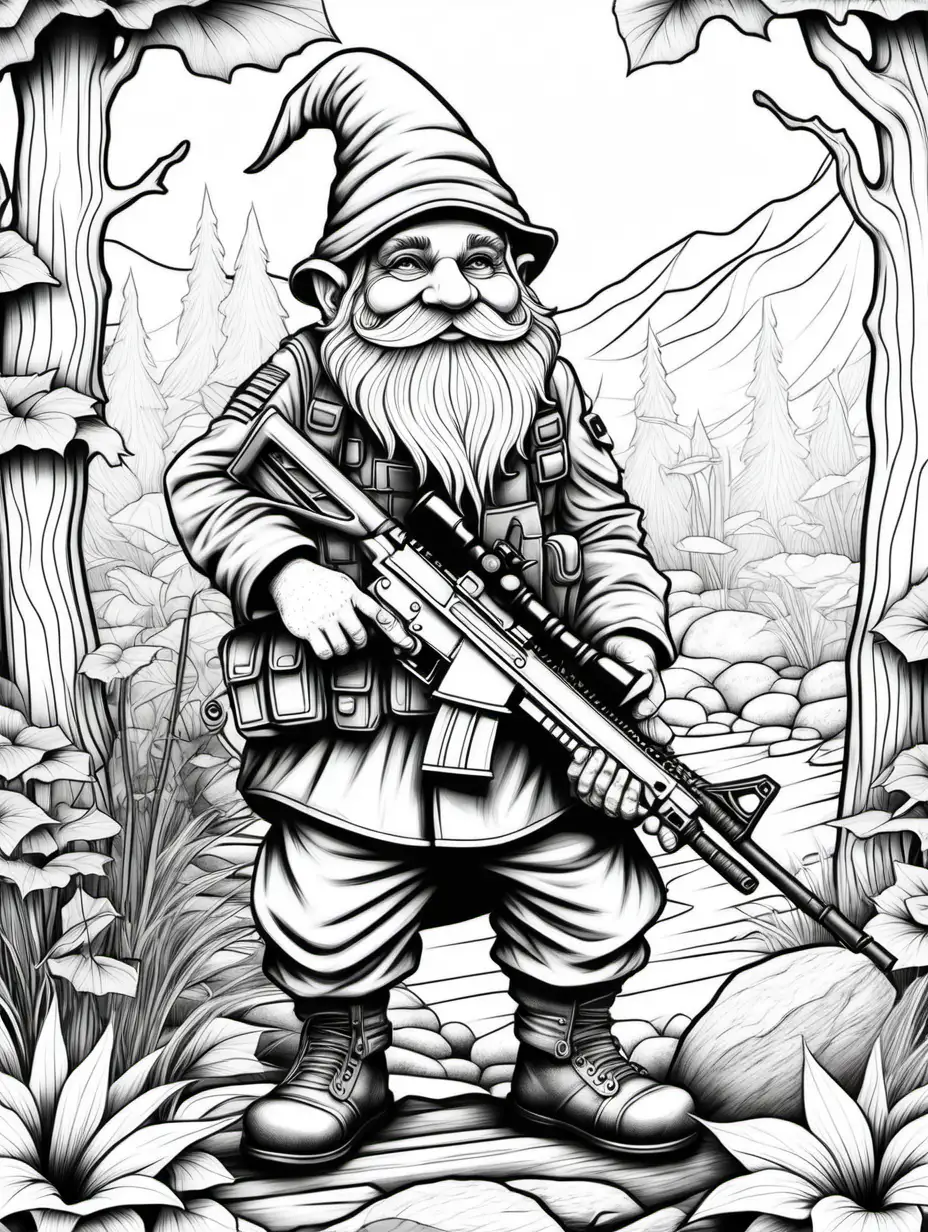Army Gnome Sniper Coloring Page for Adults