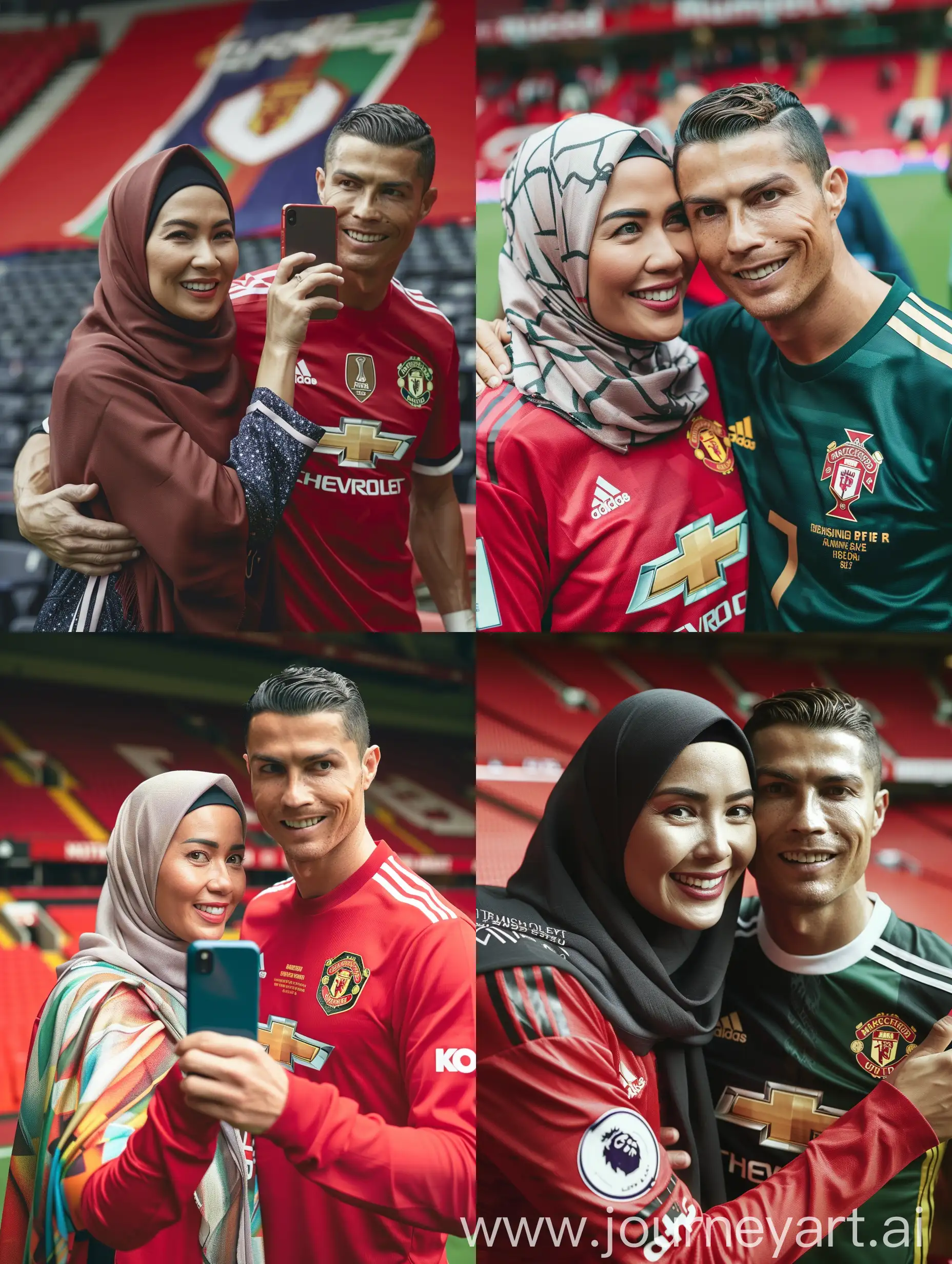 Potrait Seorang wanita cantik indonesia hijab mengenakan baju jersey manchester United. Wanita itu sedang berfoto bersama seorang Cristiano Ronaldo yang mengenakan jersey portugal.mereka berfoto di lapangan stadium old Trafford. Kualitas 8K HD. foto asli.