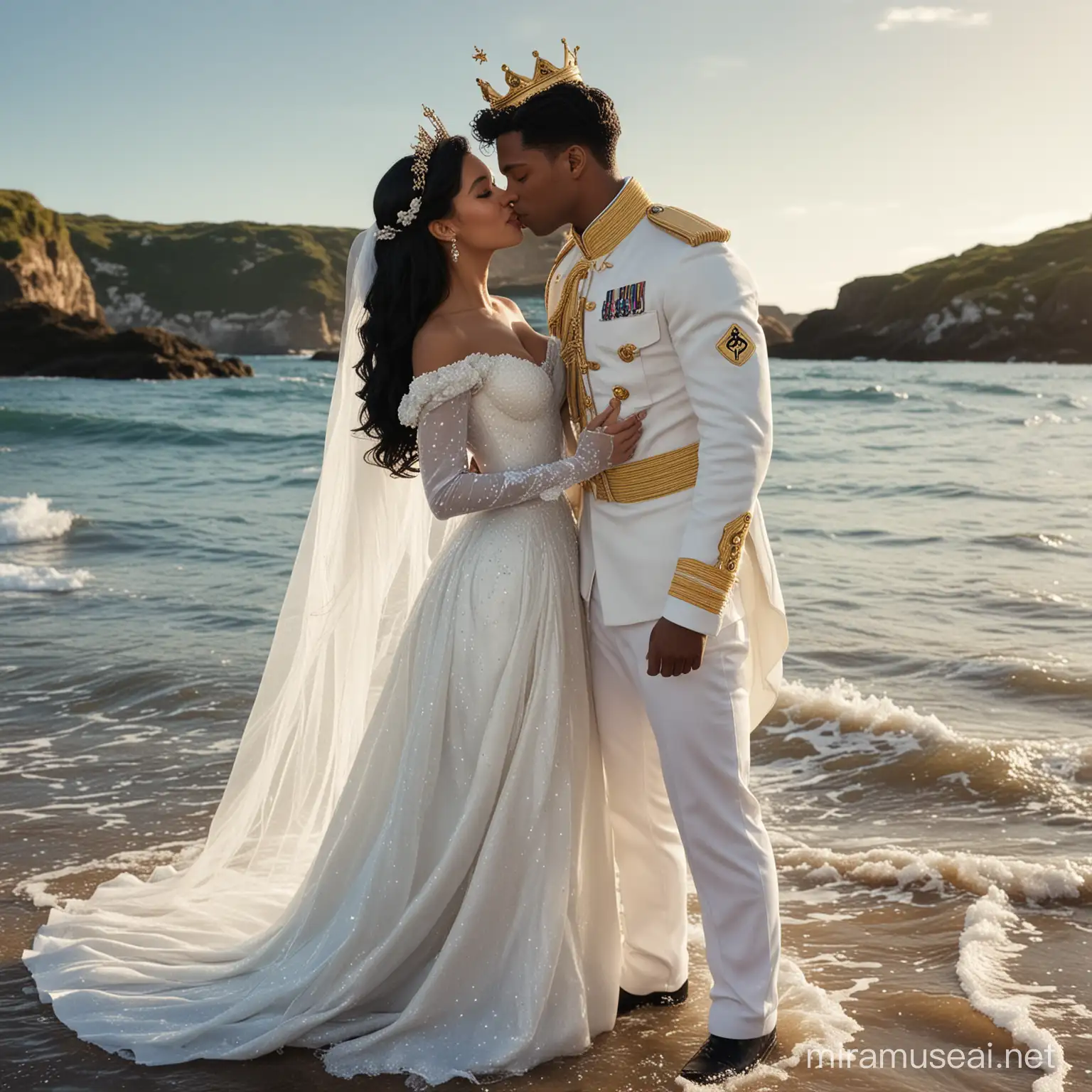 in a sea natural background there are prince Elijah is American 25-year-old with short black hair and white black hair short prince 25-year-old Elijah with white jacket and blue dark trousers,uniform of the British navy long-hair black girl with fairytail beautiful  Long wedding dress glitter with veil and princess crown, kissing in the  mouth, surrounded by natural sea beachshirt and  and princess disney ariel is 20-year-old British girl and jet black long hair and, kissing  face 8k resolution