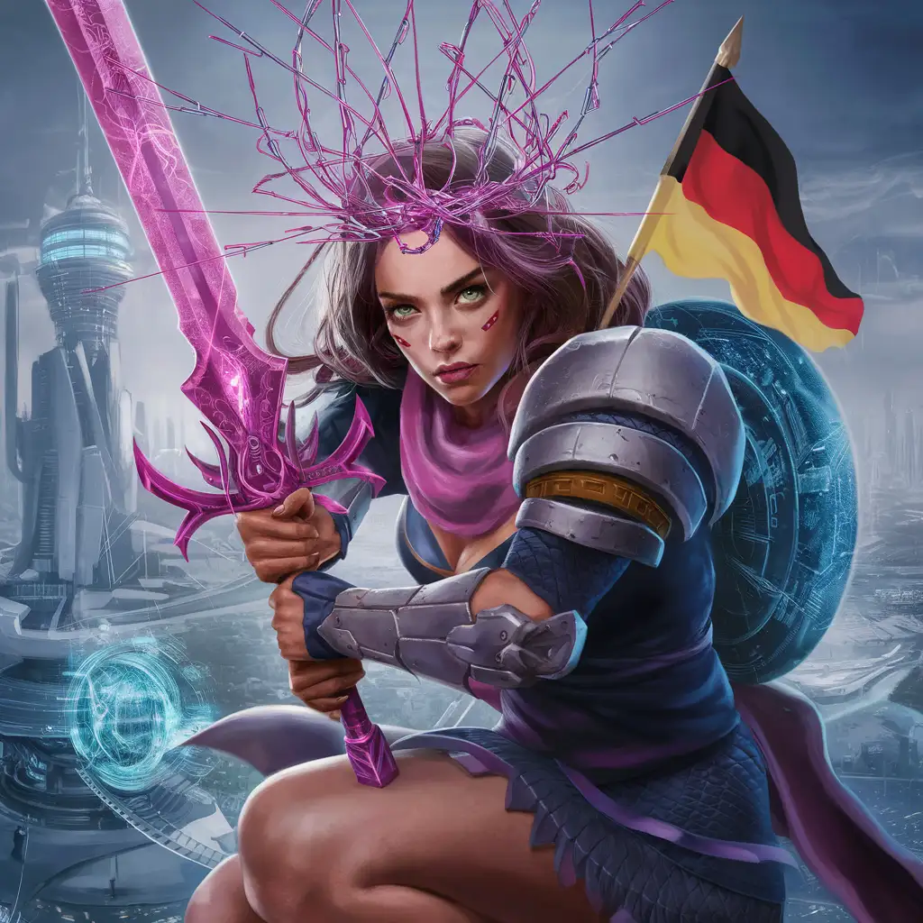 Female Guardian Protecting Optical Fiber with Magenta Sword in Germany