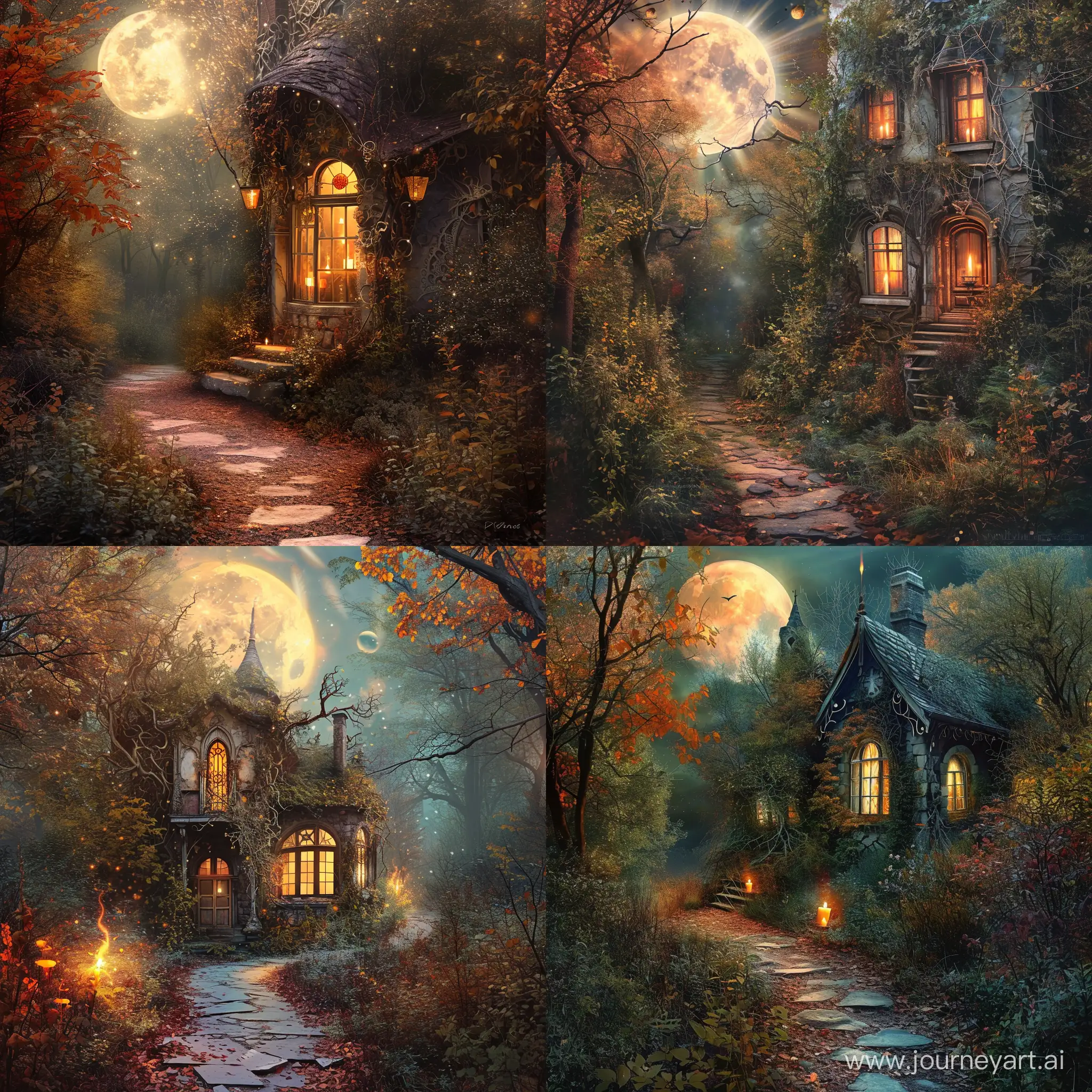 Enchanting-Forest-Path-to-Overgrown-Victorian-Cottage-under-a-Full-Moon