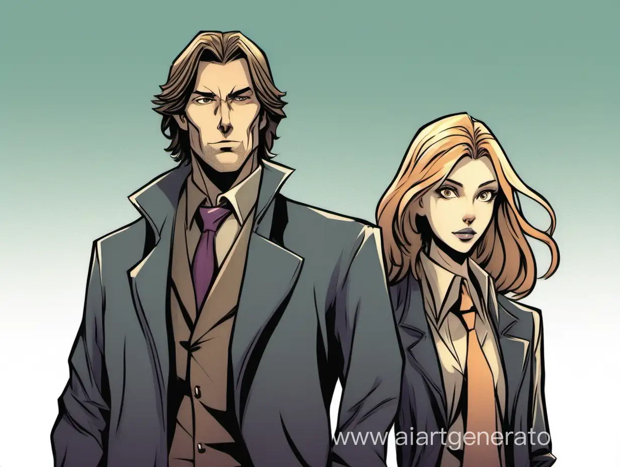 Female-Detective-and-Tall-Man-with-ShoulderLength-Hair-Investigate-a-Mystery