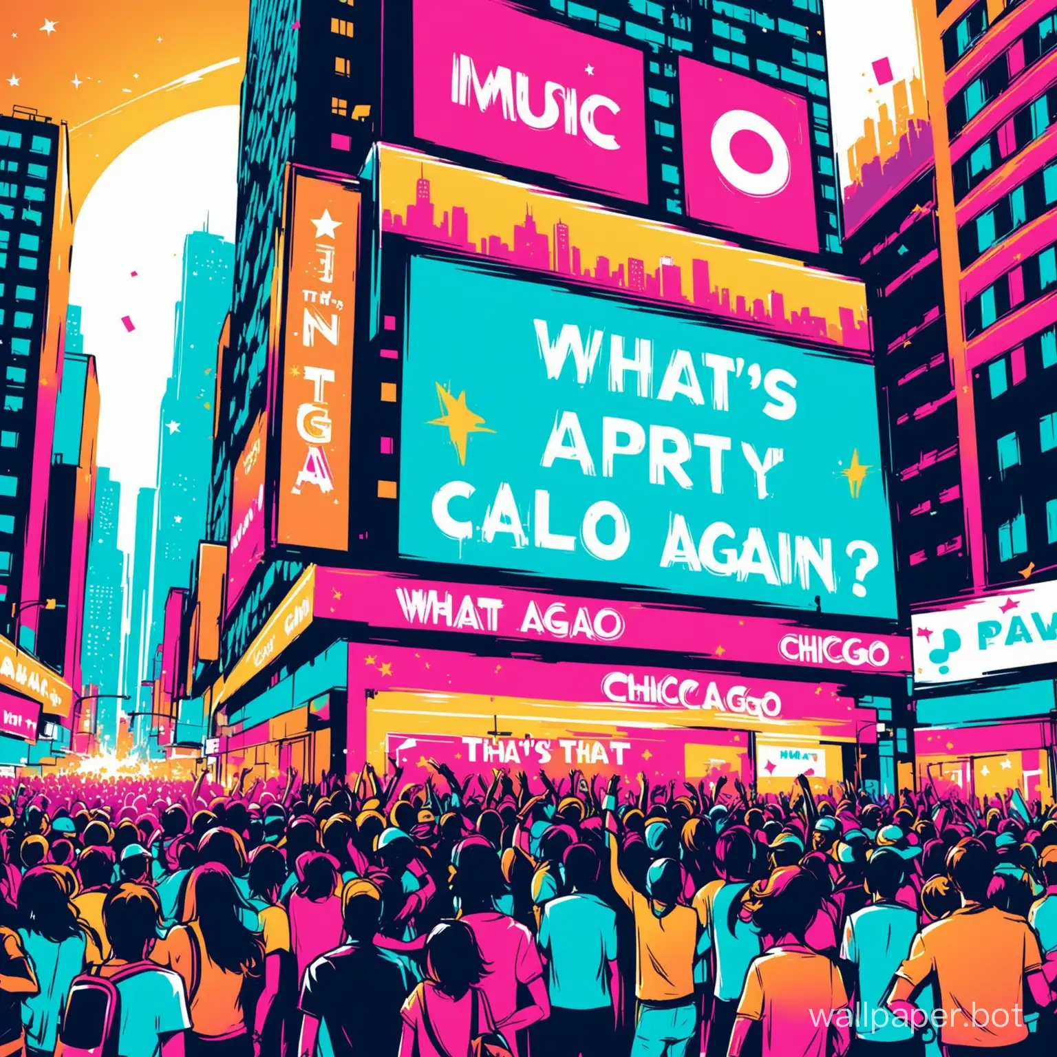 music party with lots of party people  raving on the street of Chicago.   A electronic billboard  in the backcground with  'What's That Called Again?  on it
 -  illustration

