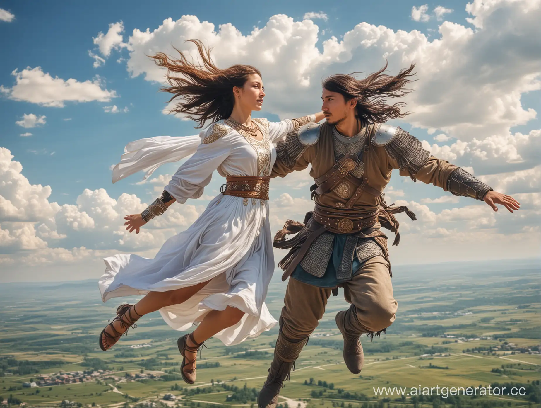 Мордвинка девушка летит в небе вместе с мужчиной тюркским воином в обнимку над землёй летом