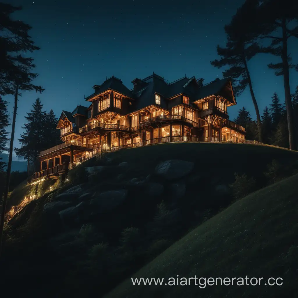Деревянный двухэтажный особняк на вершине холма в окружении леса ночью 