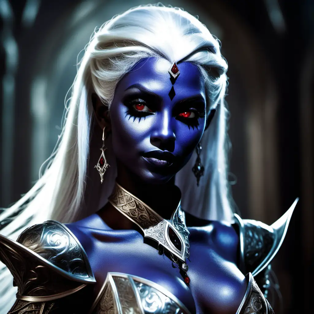 A magnificent and beautiful, but scheming and deadly, Drow princess. Very lithe and seductive. Also has an unhinged look in her eyes. 