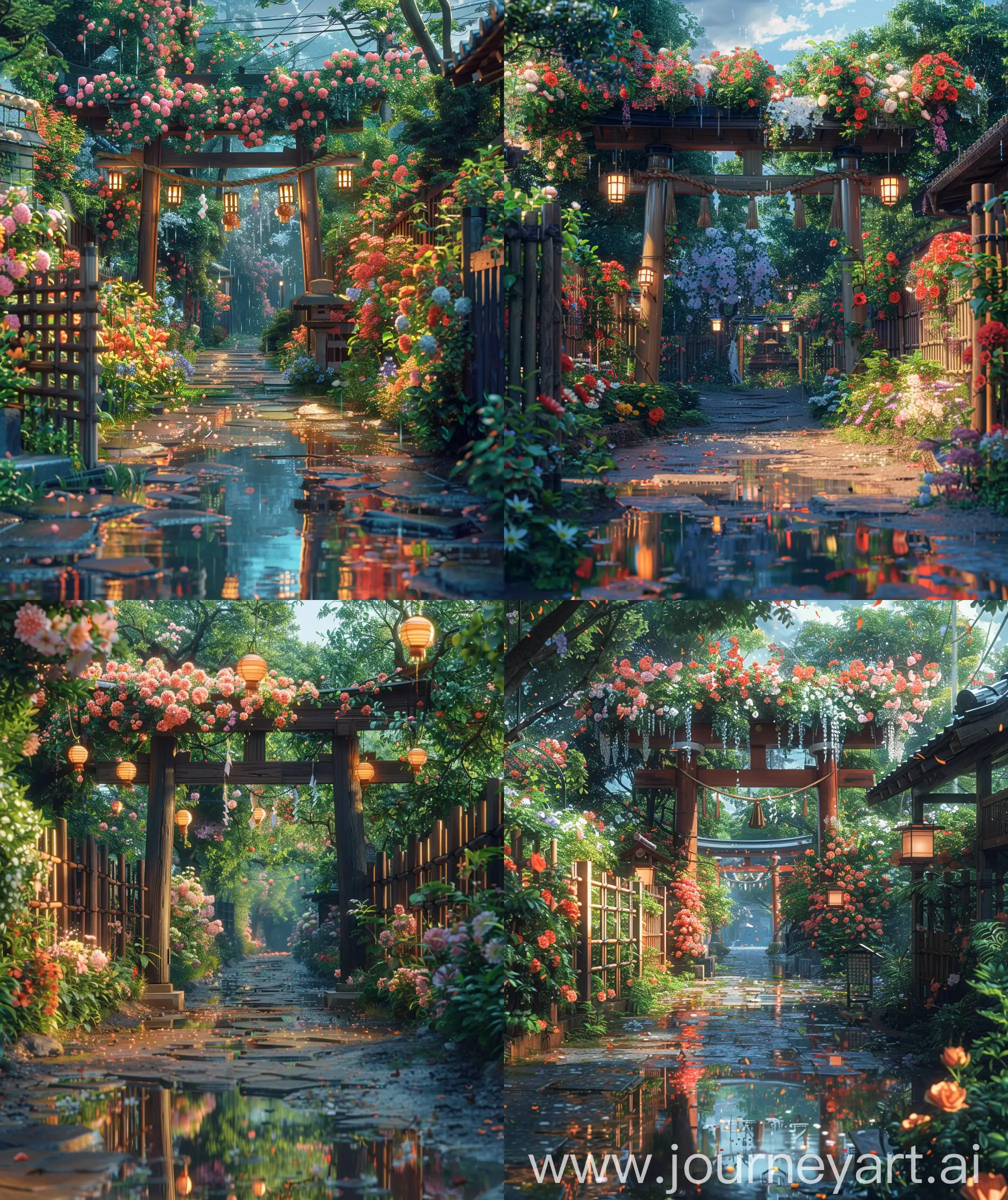 Enchanting-Anime-Torii-Gate-Amidst-Blossoming-Flowers-and-Hanging-Lights
