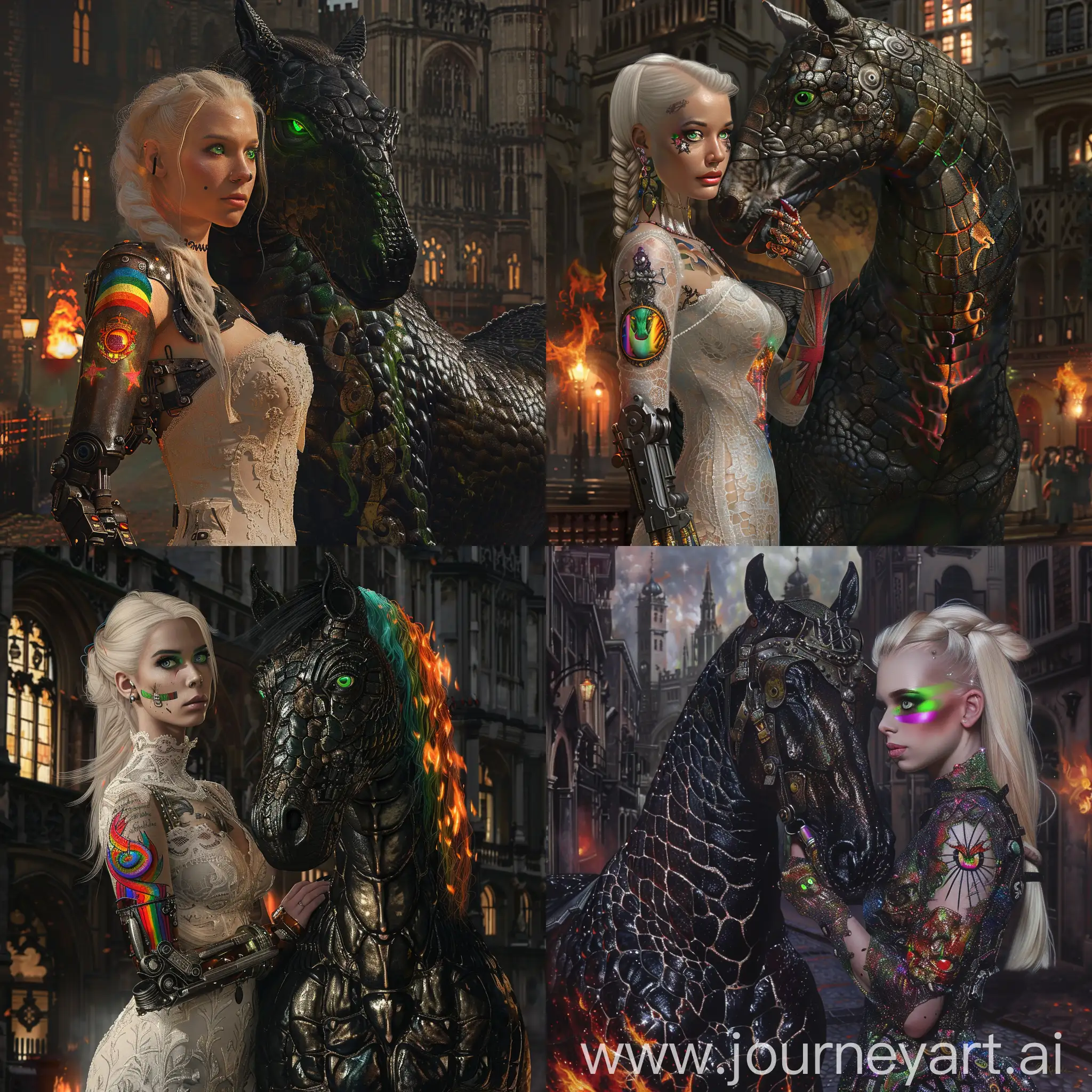 Blonde-Woman-with-Mechanical-Hand-beside-IridescentBlack-Horse-in-Gothic-London-Night