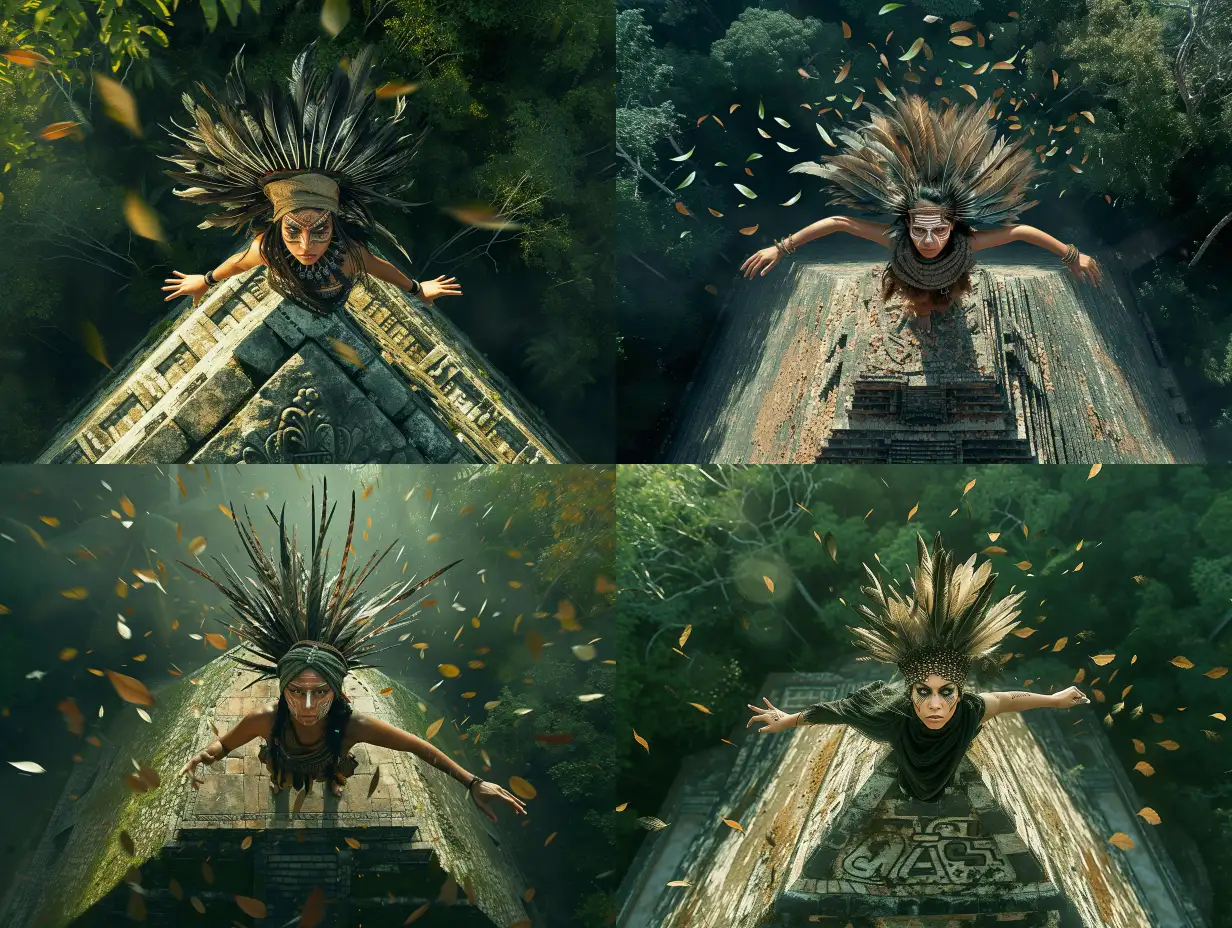 a wide-angle shot from above of an indigenous woman standing on a Mesoamerican pyramid, wearing a head scarf with many feathers like a natural Diadem dissolving with her head, ready to strike, detailed tribal makeup, on the top of a Pyramide in a dense rainforest, view from above, intense lighting, intense focus as leaves are swirl around her, otherworldly creature, in the style of fantasy movies, photorealistic, shot on Hasselblad h6d-400c, zeiss prime lens, bokeh like f/0.8, tilt-shift lens, feminine hero pose, neo-mosaic, Neo shamanism, psychedelic, psytrance Art, symmetrical balance, fantastical machines, alchemical symbols, serene faces, beautifully color-coded, intricate composition, digitally enhanced, detailed wildlife, –ar 16:9 –s 750 –v 6