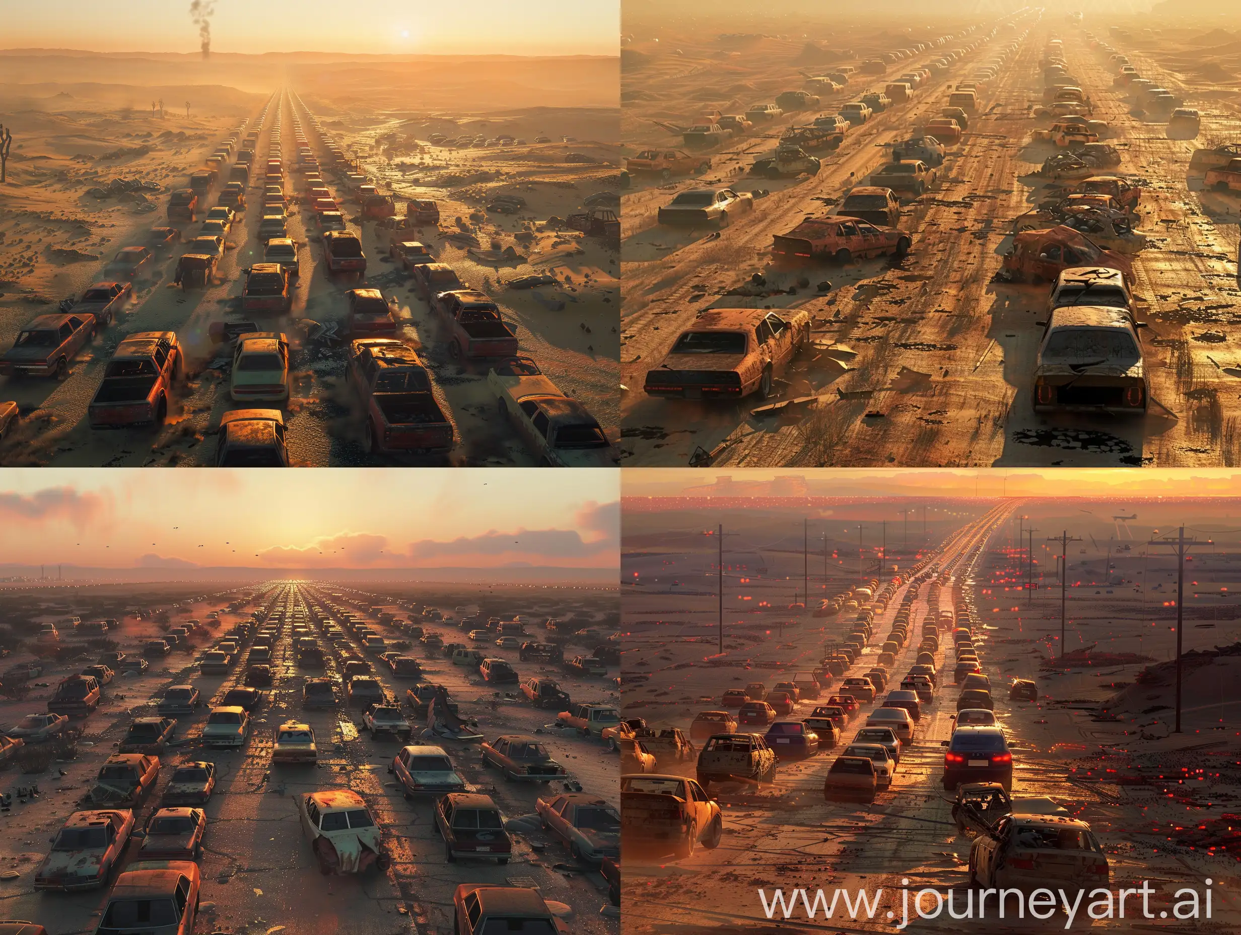 long expanse of cars at least five wide and stretching off before them into the distance the choked and ruined remains of post apocalyptic highway in the desert with an untold number of abandoned vehicles Long Shot Epic fantasy art Cinematic lighting Volumetric lighting Epic composition Photorealism Bokeh blur Very high detail sharp Artstation HD niji ar Image