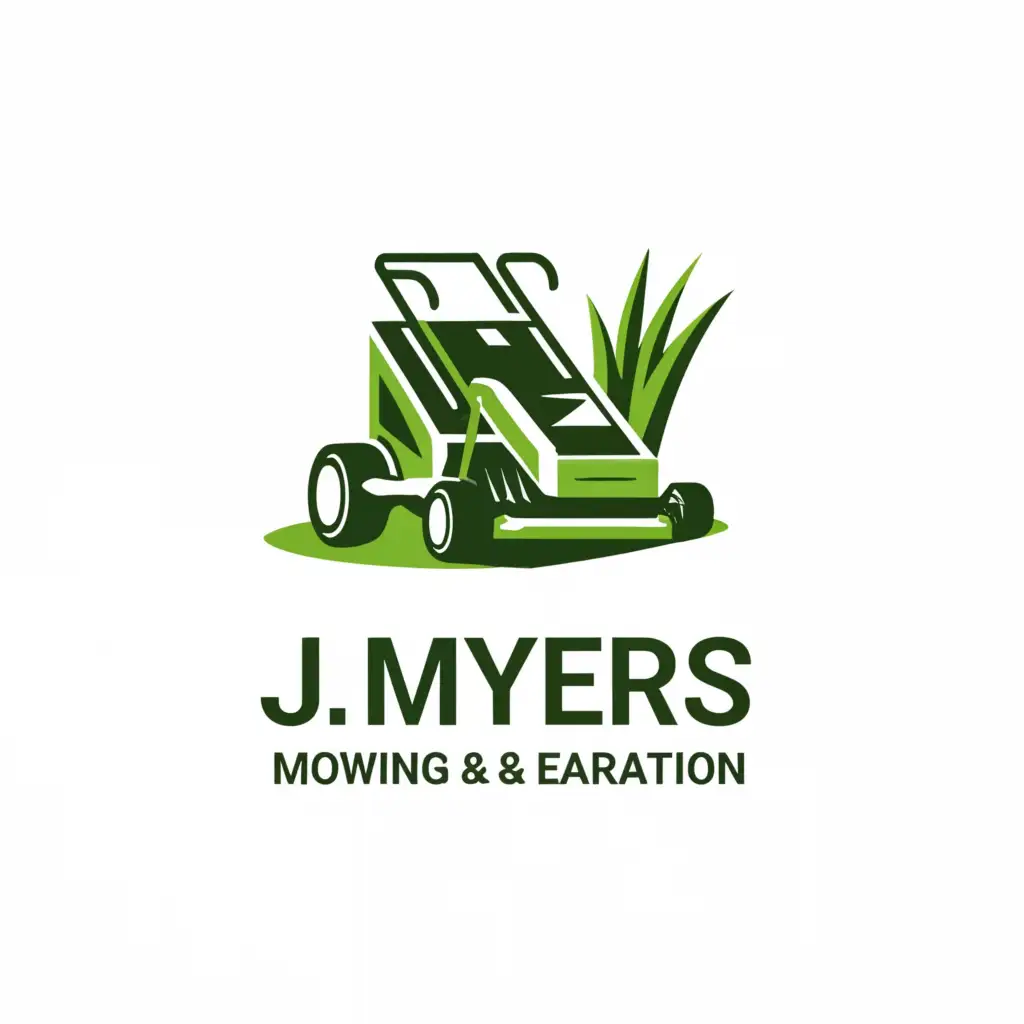 a logo design,with the text "J MYERS MOWING & AERATION", main symbol:Professional Lawn mowing and core aeration for homeowners and small businesses with a person mowing using variations of green and Ubuntu Condensed,Moderate,clear background
