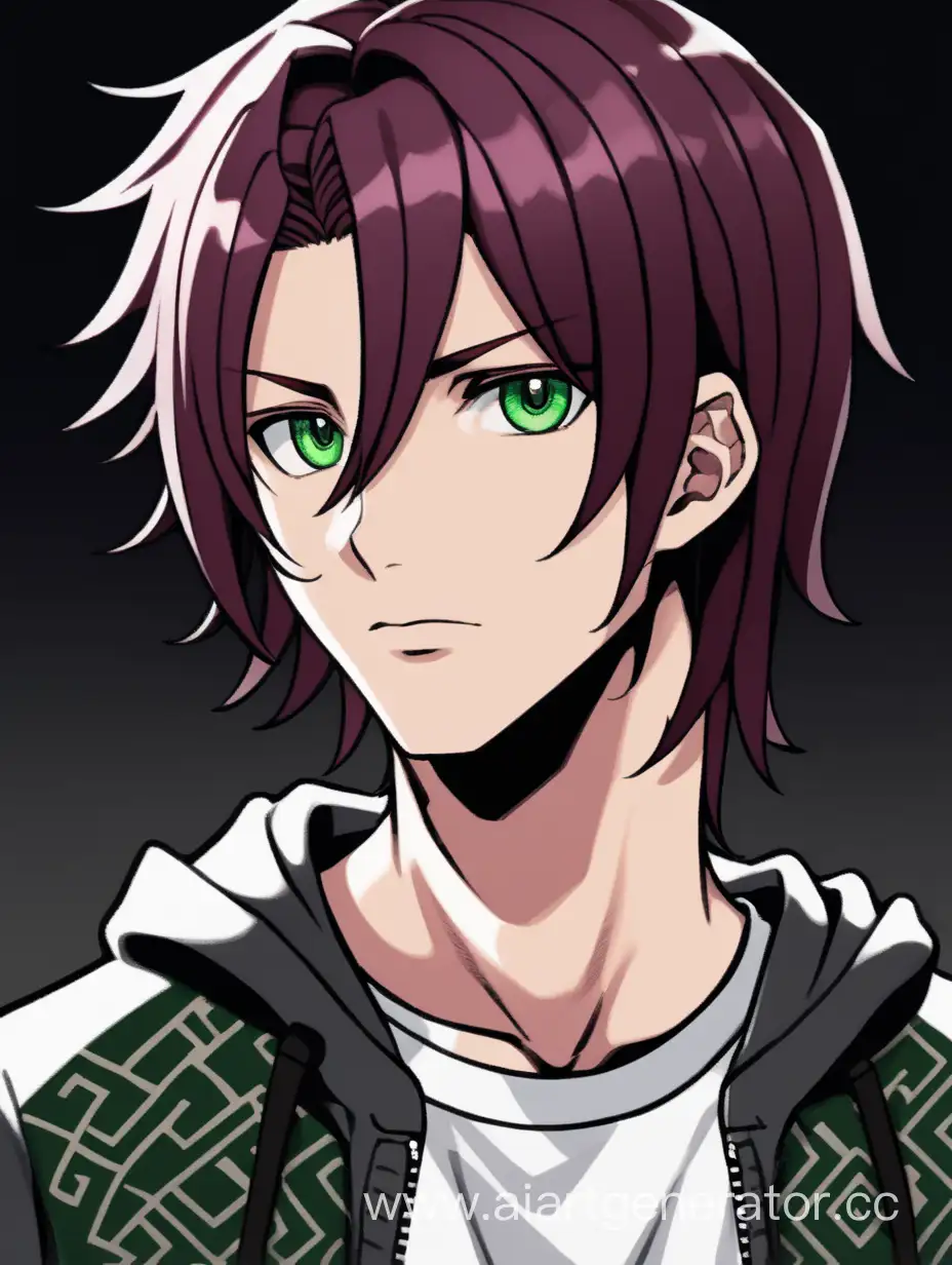 Молодой парень с бордовыми волосами до плеч и тёмно-зелёными глазами, носит на себе белую футболку с чёрным узором, поверх которой тёмно-серая вязаная кофта на молнии. Нарисовано в стиле Danganronpa.