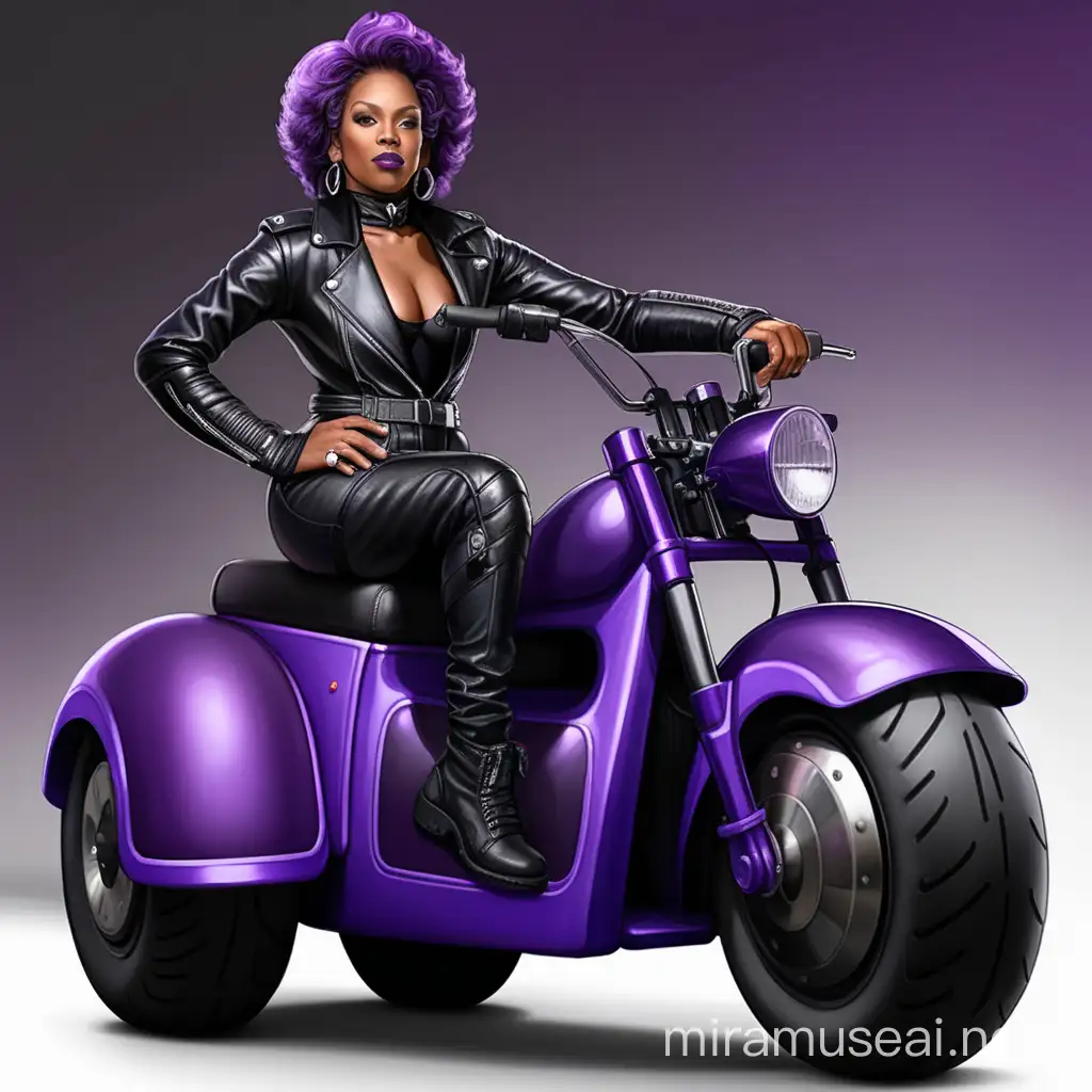 And older black woman dress in black and purple leather biker gear, sitting on a three wheeler  all black trimmed in purple