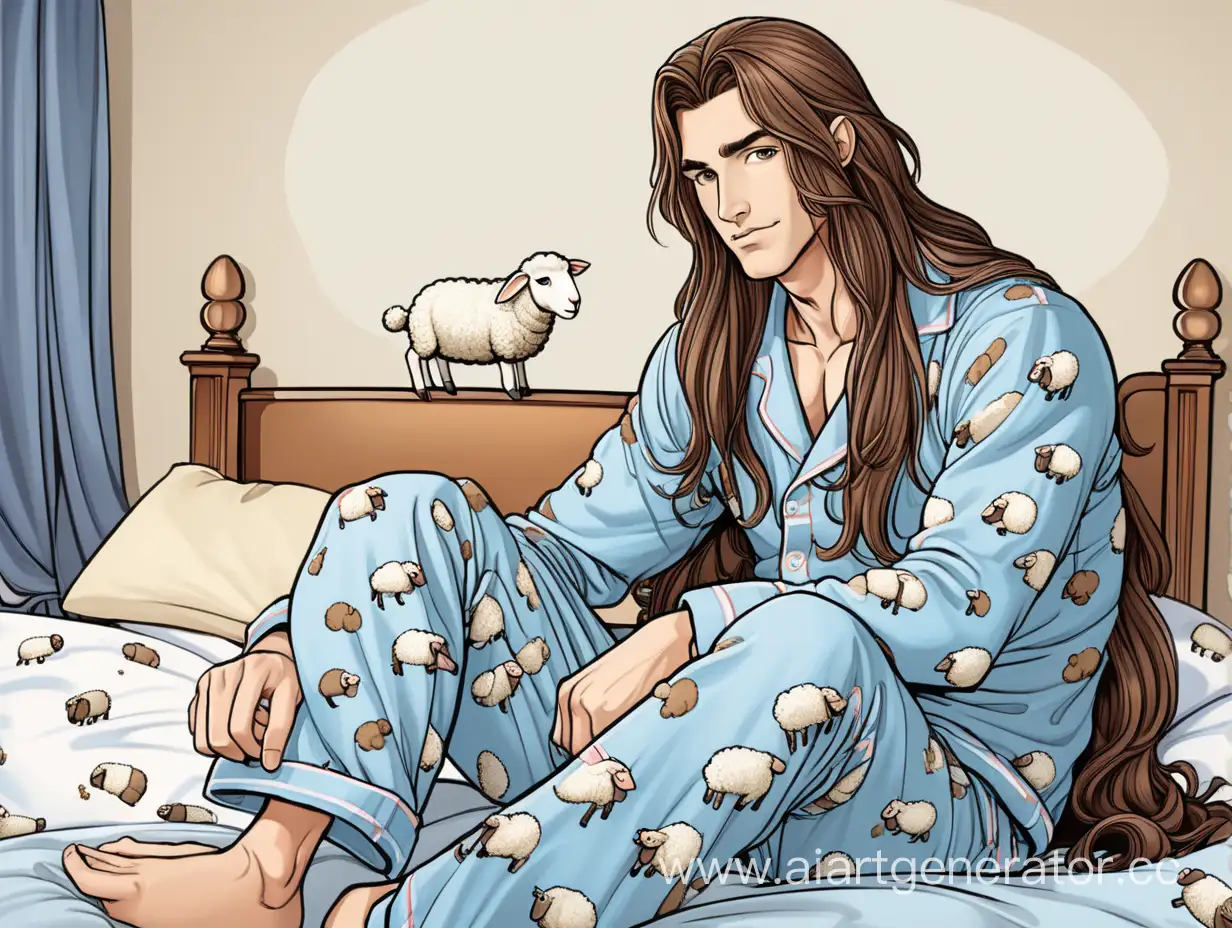Красивый и элегантный и милый мужчина с очень длинными коричневвми волосами на голове в пижаме с принтом маленьких овечек сидит на кровати. В стиле комикса