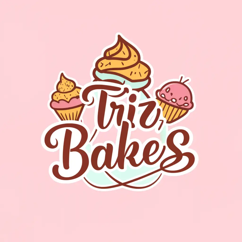 a logo design,with the text "Triz Bakes", main symbol:pastel coloured Cupcakes or other baked items,complex,clear background