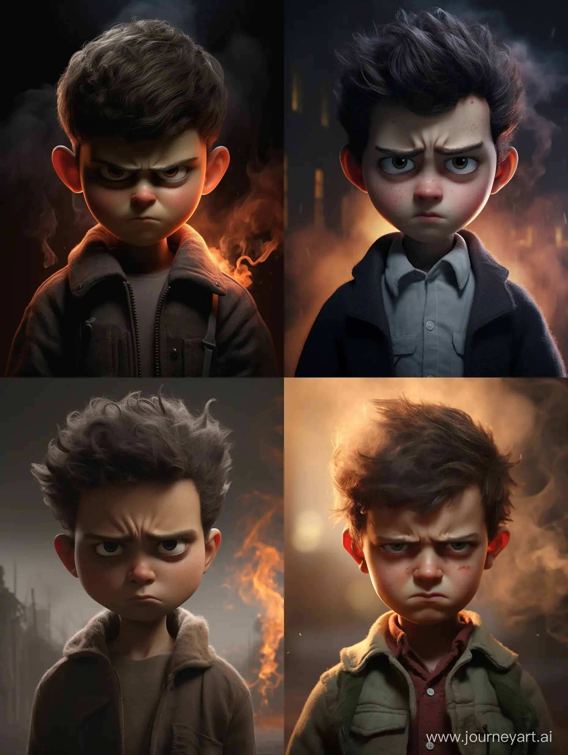 Angry boy. smoke from his ears close-up. Pixar Style
