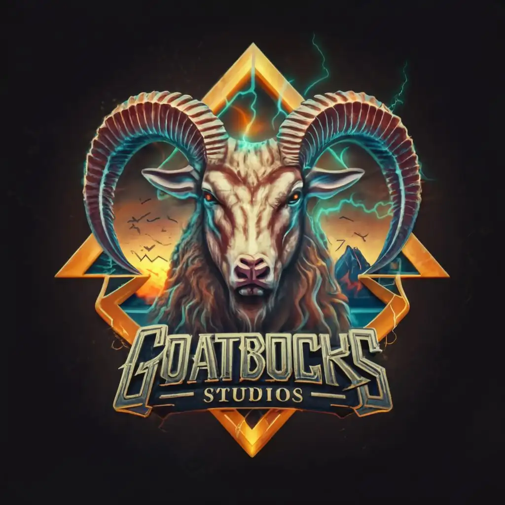 a logo design,with the text "GoatBocks Studios", main symbol:hyperrealistic ramhead hyperrealistic lightning hyperrealistic Mountain dark gothic, be used in Restaurant industry