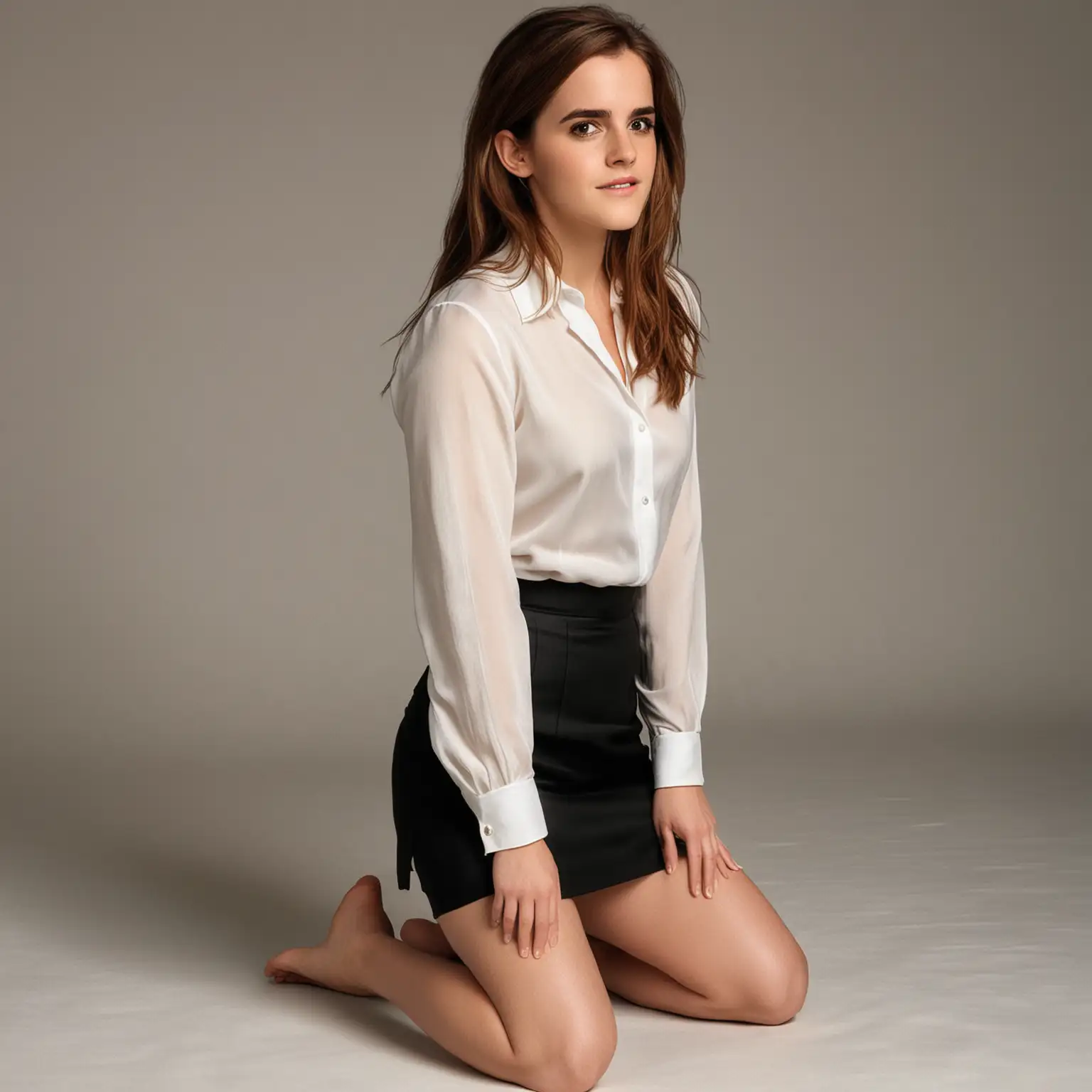 Emma Watson Wearing LowCut Ivory Silk Shirt and Black Pencil Skirt