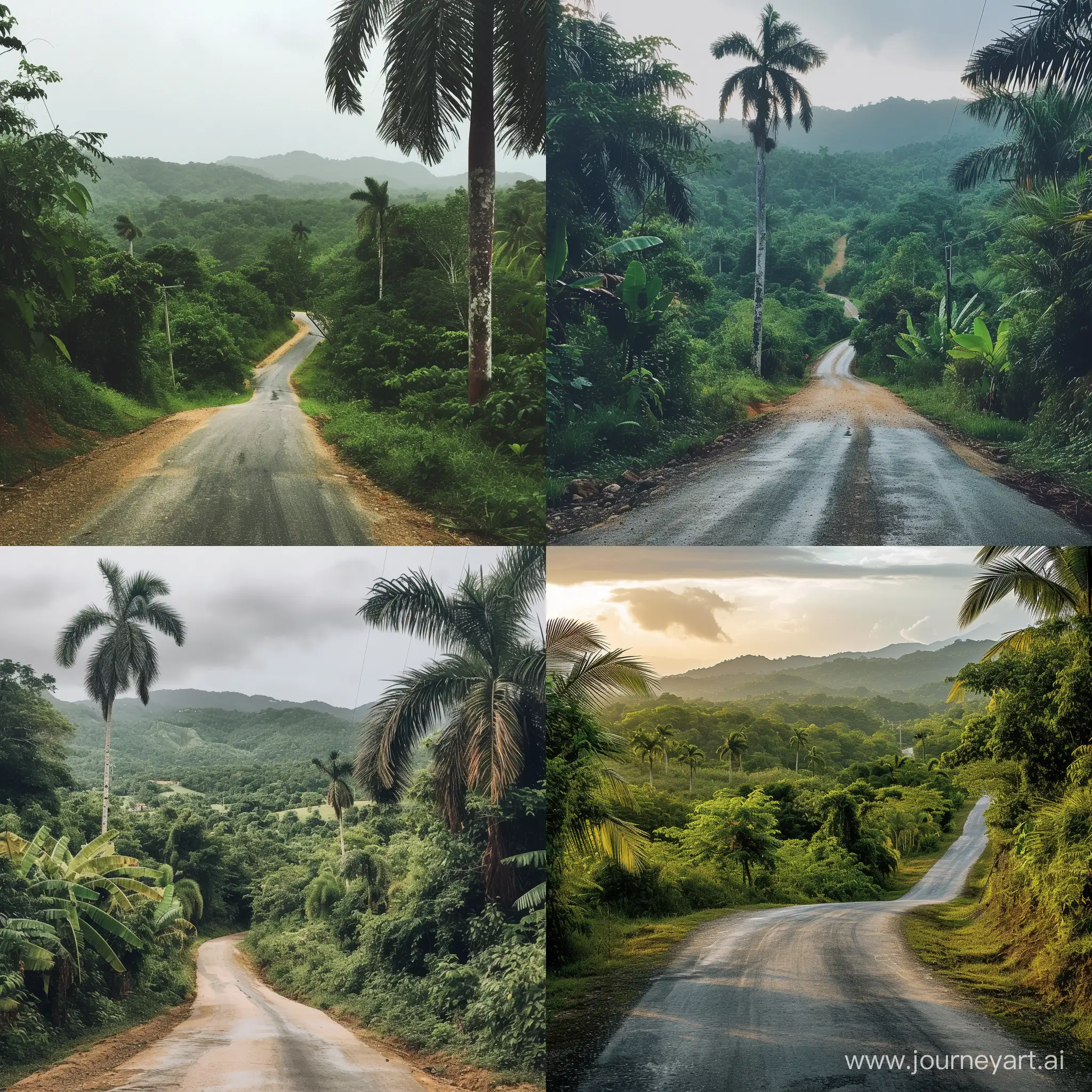 Сгенерируй фото дороги  посреди Ямайских джунглей
