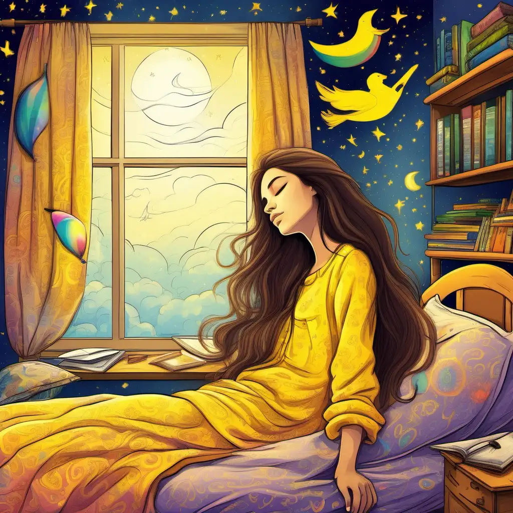 Elle dort. Son repos est serein. Elle est jeune et brune au cheveux long. Sa chemise est jaune. Elle fait plein de rêves colorés. Elle voyage dans les rêves. 