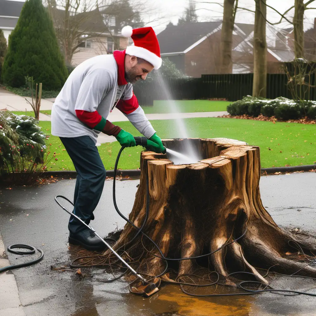 a man dressed in christmas clothes pressure washing an upturned tree stump with the roots exposed