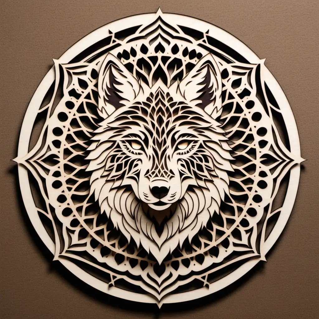 Intricate Multilayer Laser Cut Mandala Design Featuring Symmetrical Wolf