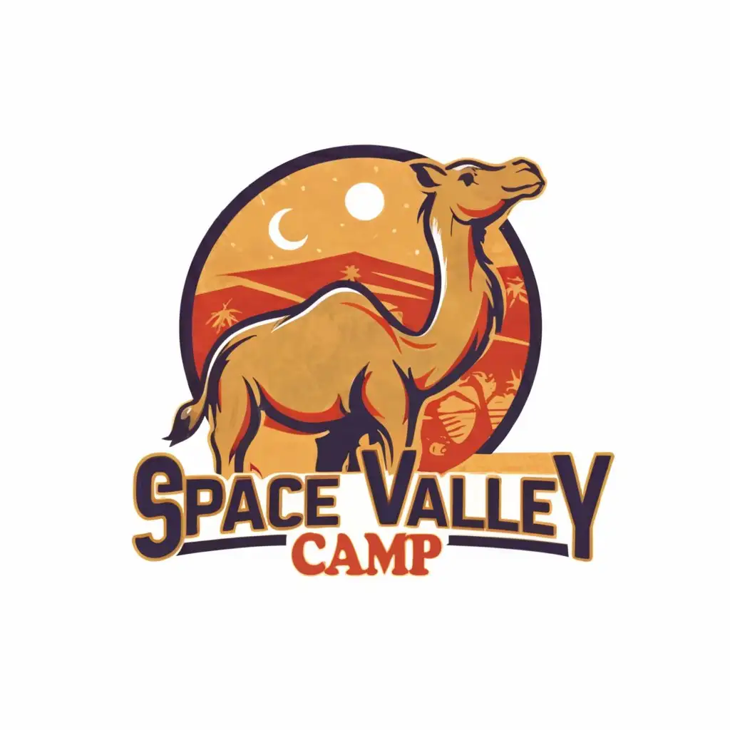 a logo design,with the text "space valley camp", main symbol:camel,Moderate,clear background