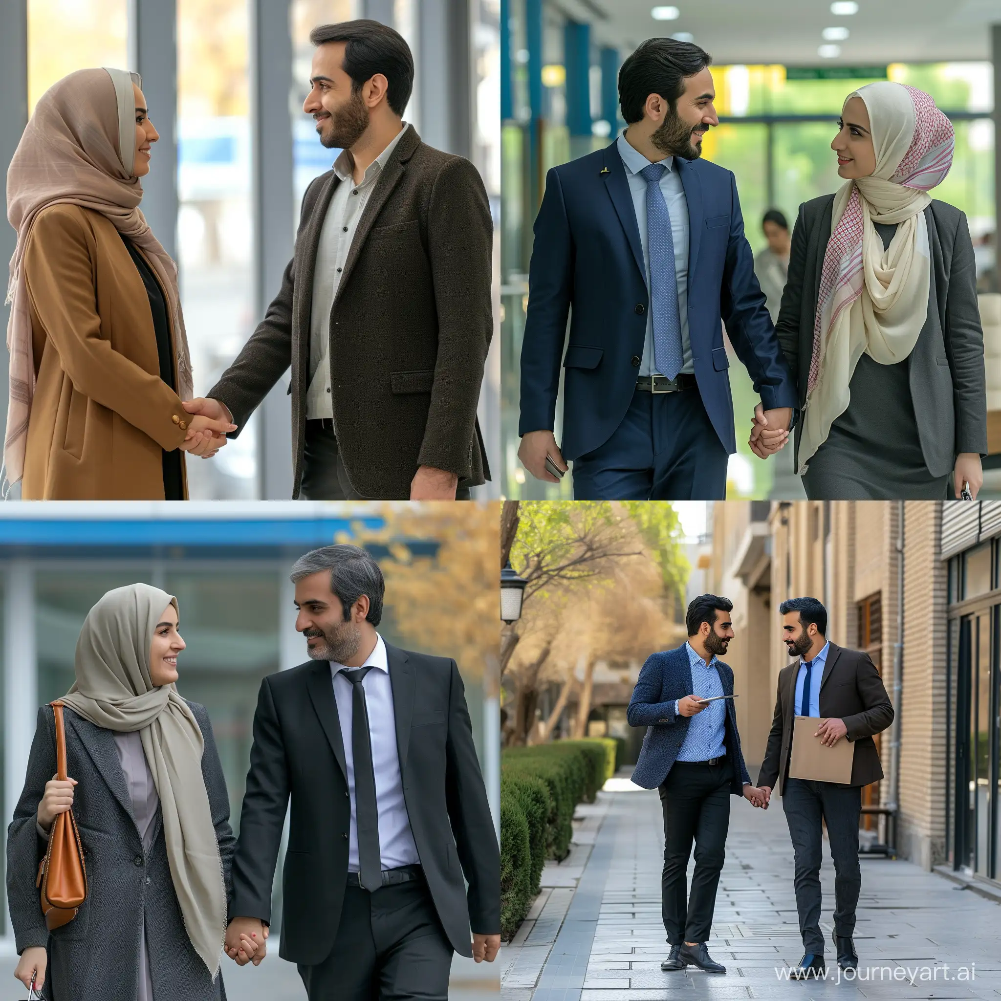 An insurance sales representative and an insurance buyer hand in hand in Iran From the front view full height