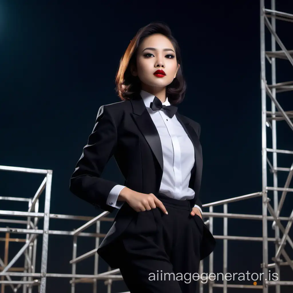 It is night. A  cute and sophisticated and confident indonesian woman with shoulder length hair and  lipstick.  She is walking toward the edge of a scaffold.  She is wearing a black tuxedo with a black jacket.  Her shirt is white with double french cuffs.  Her bowtie is black.  Her cummerbund is black.  Her pants are black.  Her cufflinks are silver.  She  looks stern.  She is relaxed.  Her jacket is open. 

