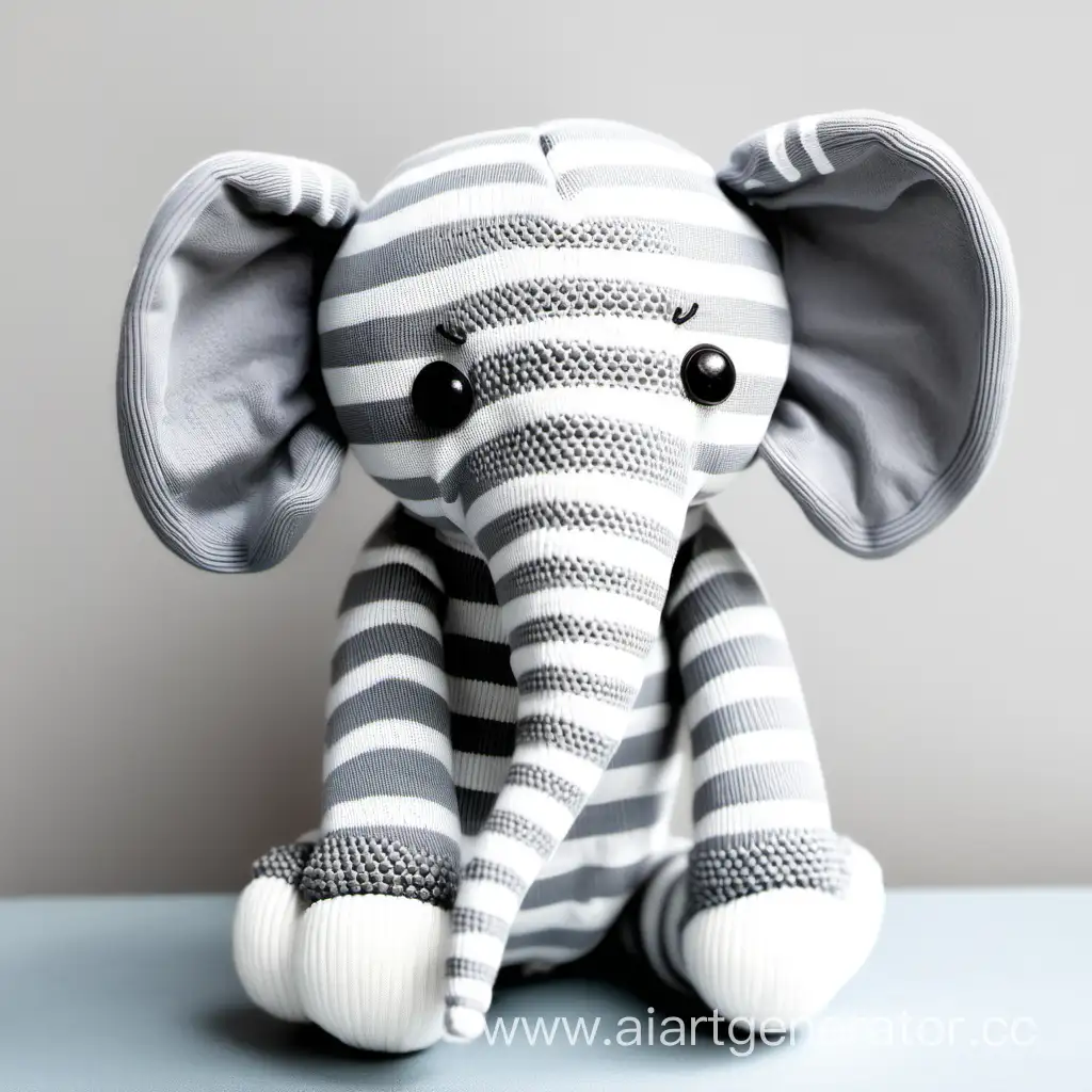 Adorable-Gray-and-White-Striped-Plush-Elephant-Toy-with-Beady-Eyes-and-Short-Knitted-Trunk