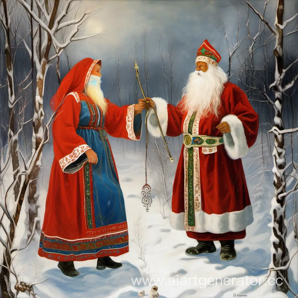 Ded Moroz and Snegurochka play the bayans