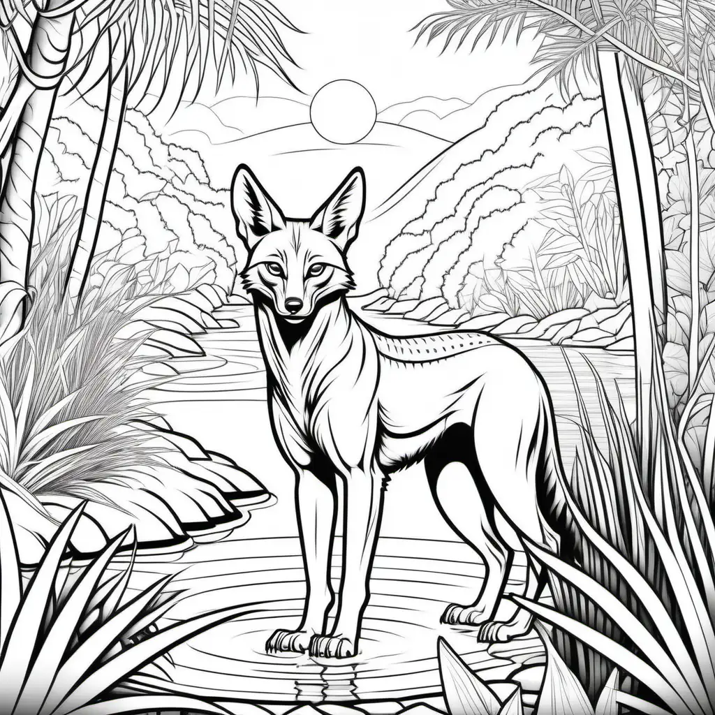 Coloring page for kids, Jackal in Garden of Eden close to a water body, clean line art