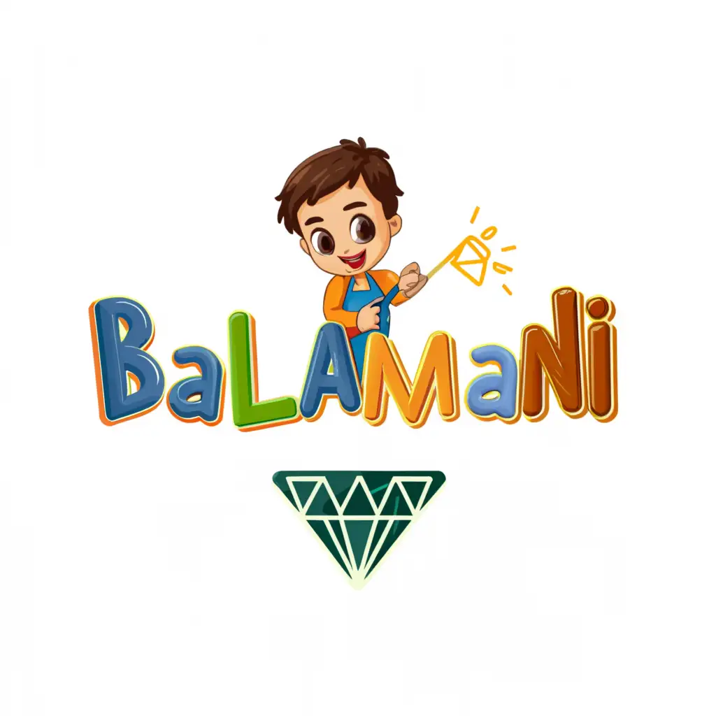 a logo design,with the text "balamani", main symbol:main the element in the font only and a boy handing in m alphabet and trying to put a diamond in place of i dot,Moderate,clear background