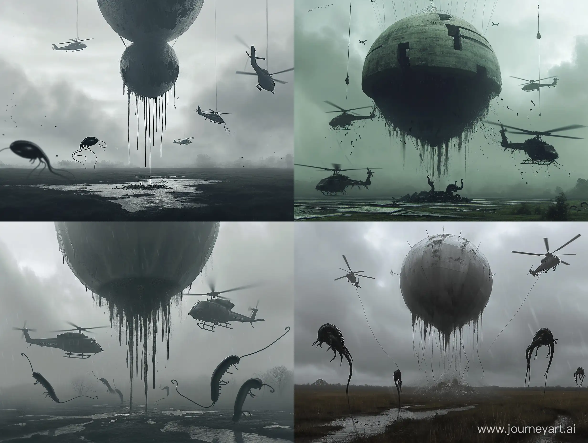 Concept art for the game, scp concept, overcast weather, bioarchitecture, levitating balloon, black slugs descend to the ground, military helicopters fly around it