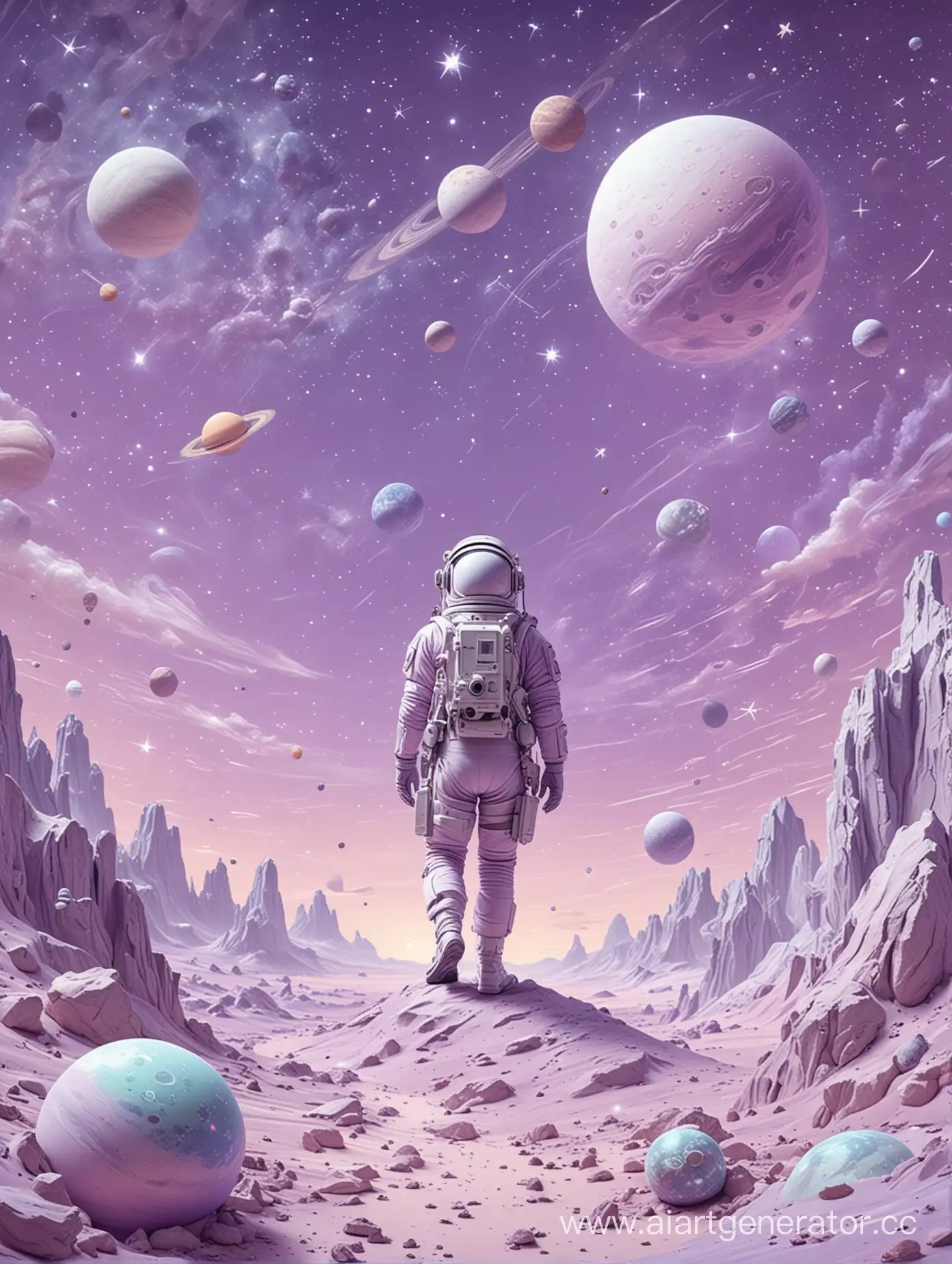 космическая тематика в пастельных сиреневых тонах с маленьким космонавтом, звёздами и планетами и космическим пейзажем