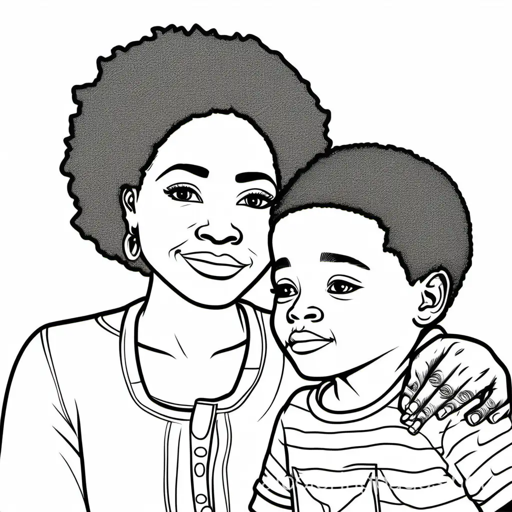 african american boy and mom saying goodbye sad
, Coloring Page, black and white, line art, white background, Simplicity, Ample White Space. The background of the coloring page is plain white to make it easy for young children to color within the lines. The outlines of all the subjects are easy to distinguish, making it simple for kids to color without too much difficulty