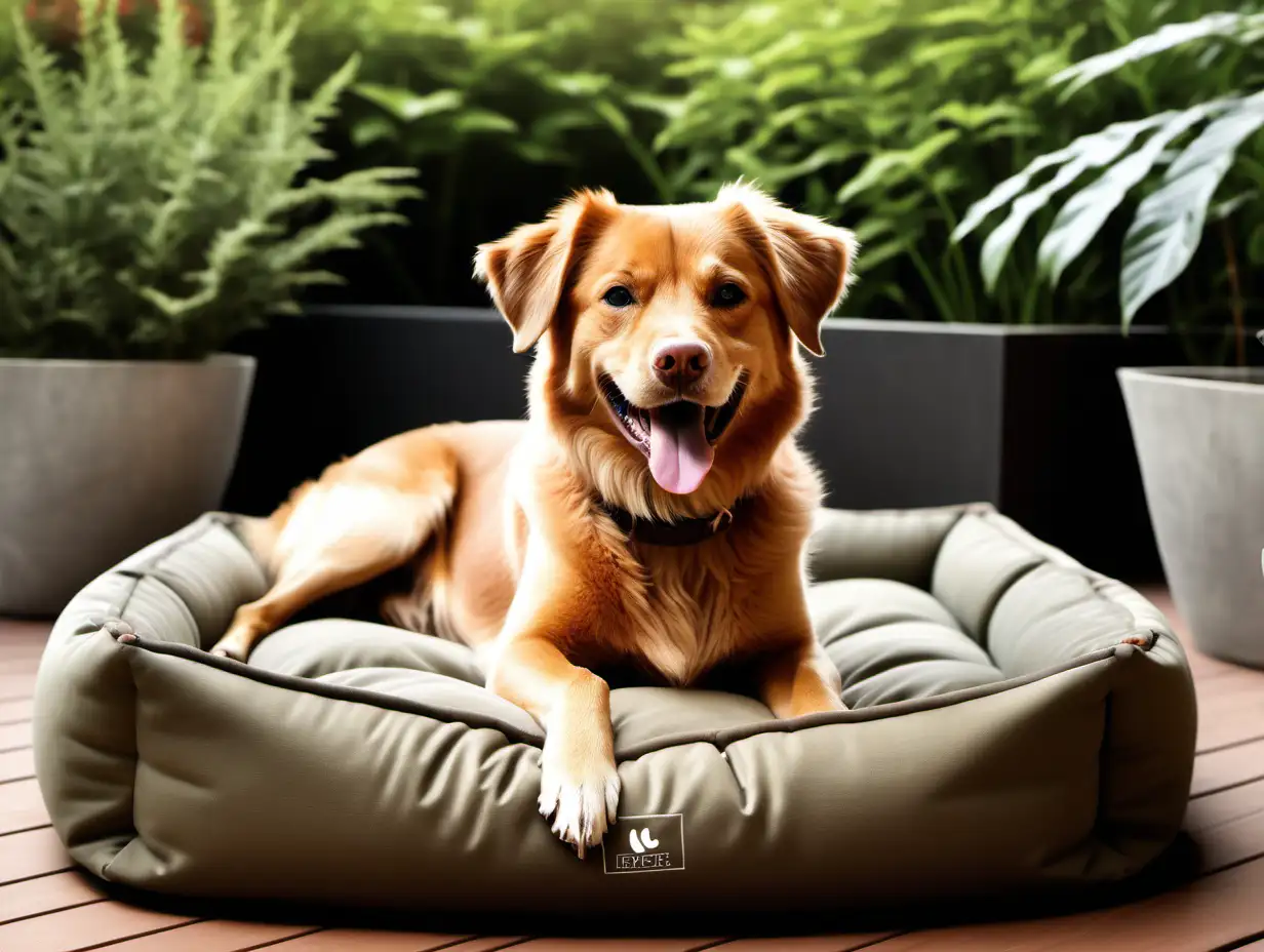 Create an image of a happy dog on the soft dog bed. The dog bed is located on the outdoor terrace of the house. The house where the dog lives looks high-end, and expensive, like a wealthy family is living there. The dominant colors of the image shall be muted browns, beiges, and forest greens.  The dog looks happy. The general mood of the picture shall be relaxation, calmness, and happiness. 