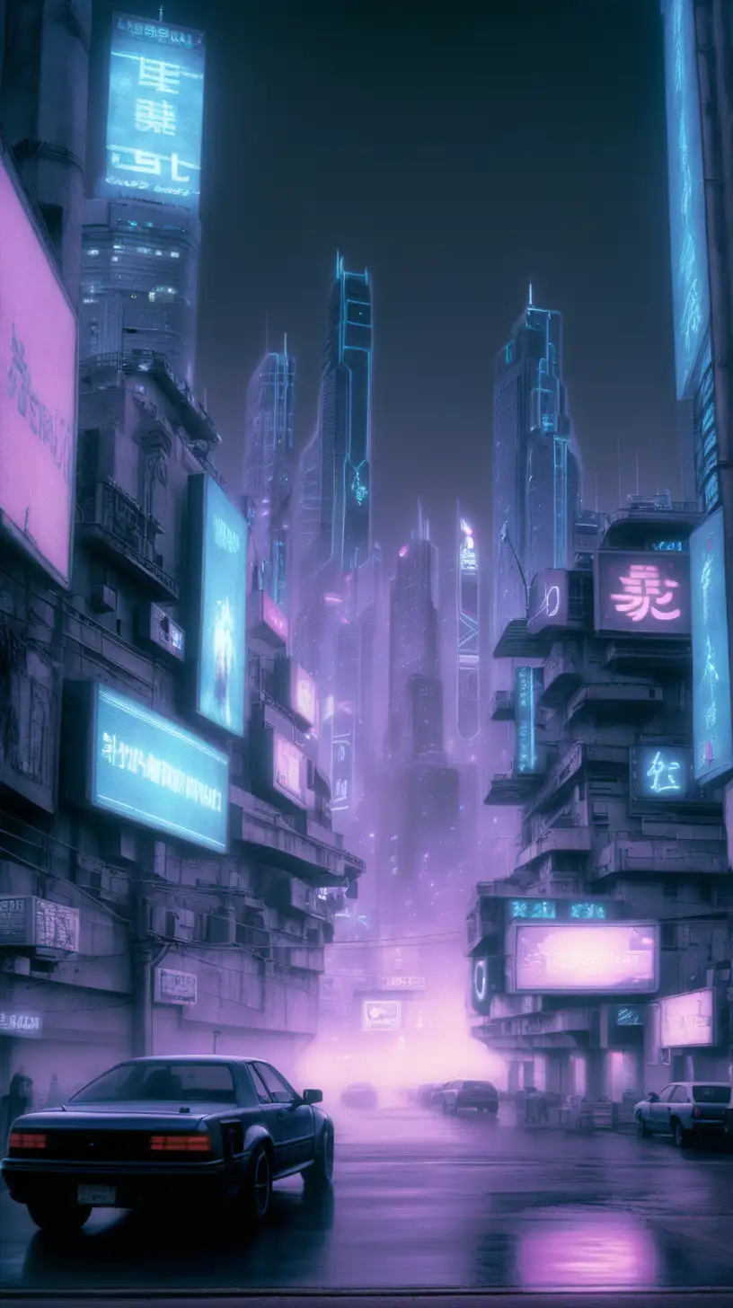 Realistic Cyberpunk Cityscape with Grunge Aesthetic and LED Screens Featuring Ghostly Figures