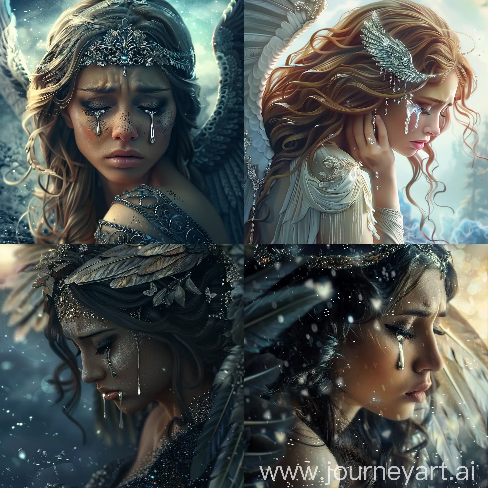 A beautiful sad angel crying tears of silver down her face. Beautiful magical fantasy surreal highly detailed