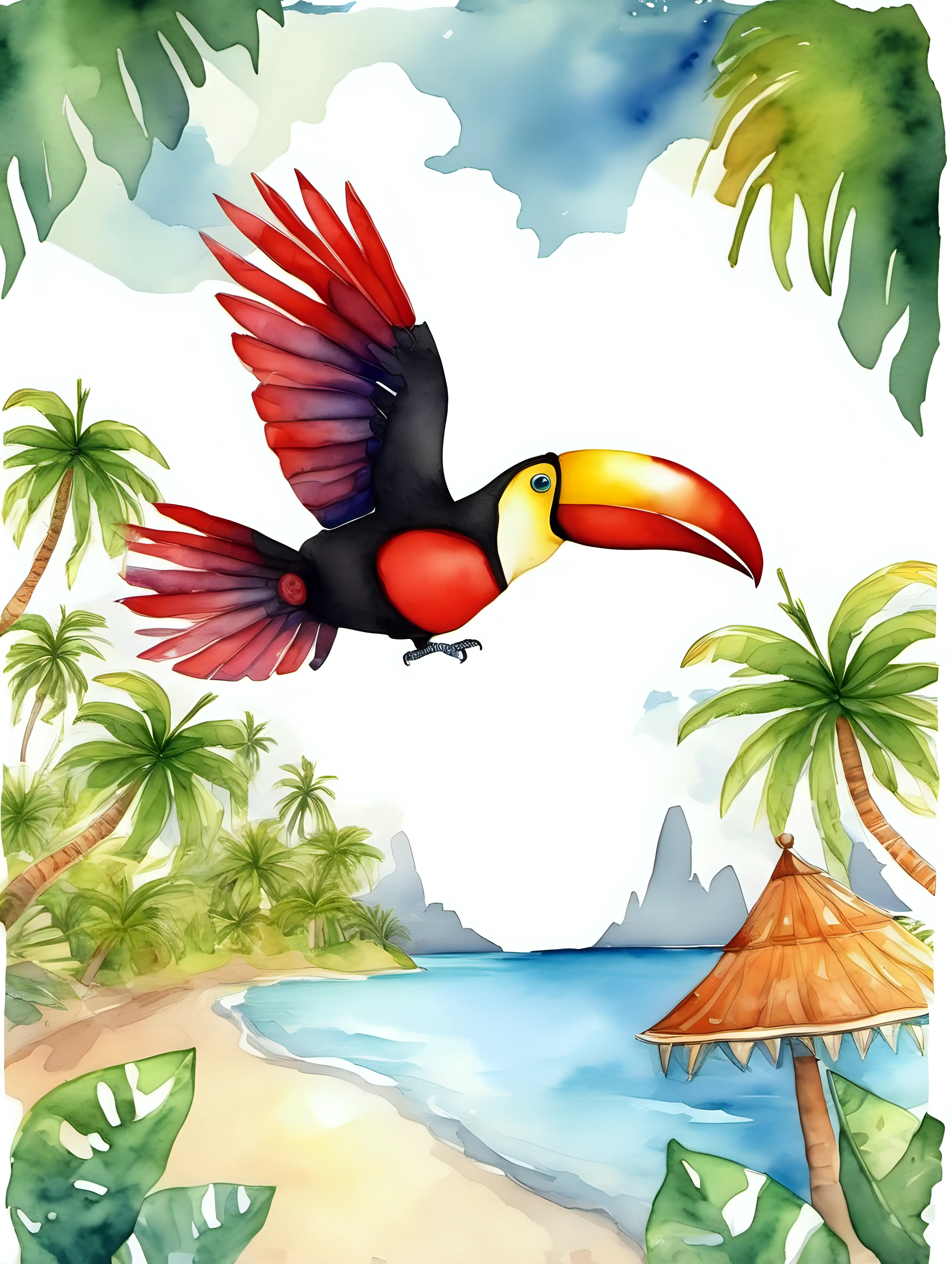 Vibrant Red Toucan Soaring Above Lush Tropical Island in Beautiful Watercolor